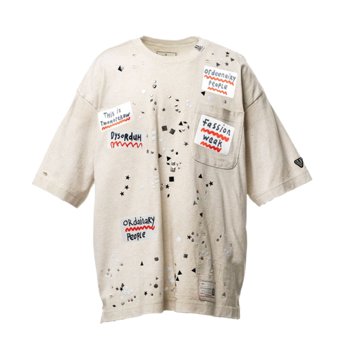 Maison Mihara Embellished Sticker Beige T-shirt