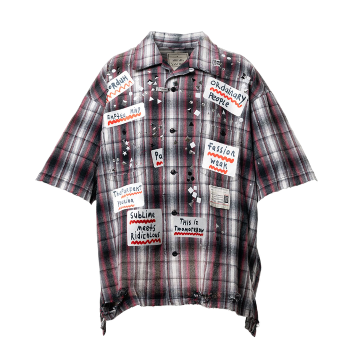 Maison Mihara Embellished Sticker Short Sleeve Check Shirt