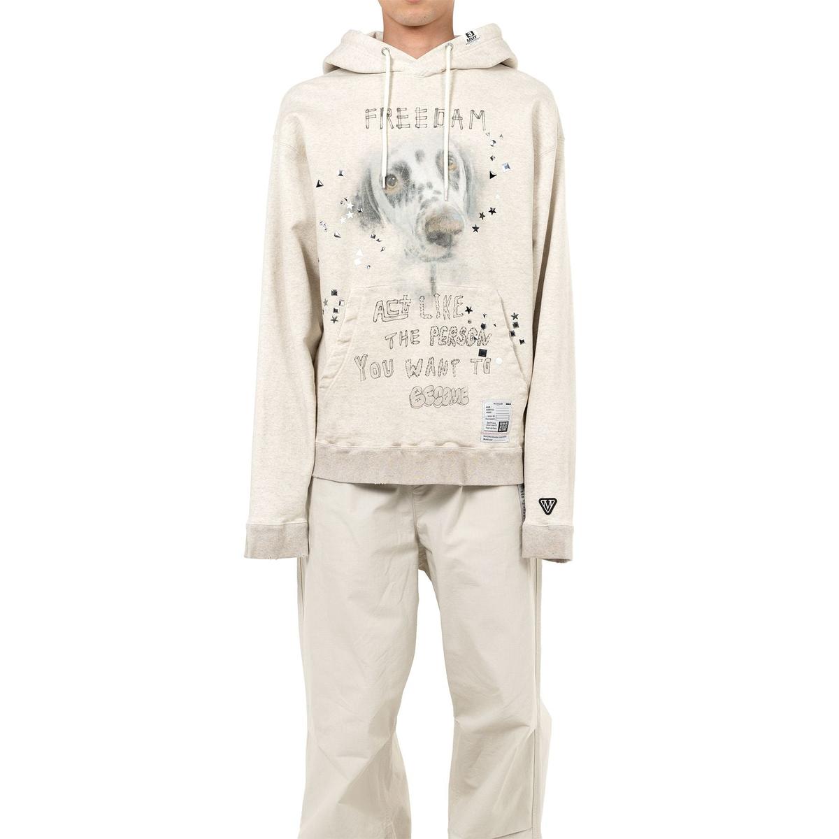 Maison Mihara Dog Printed Embellished Distressed White Hoodie
