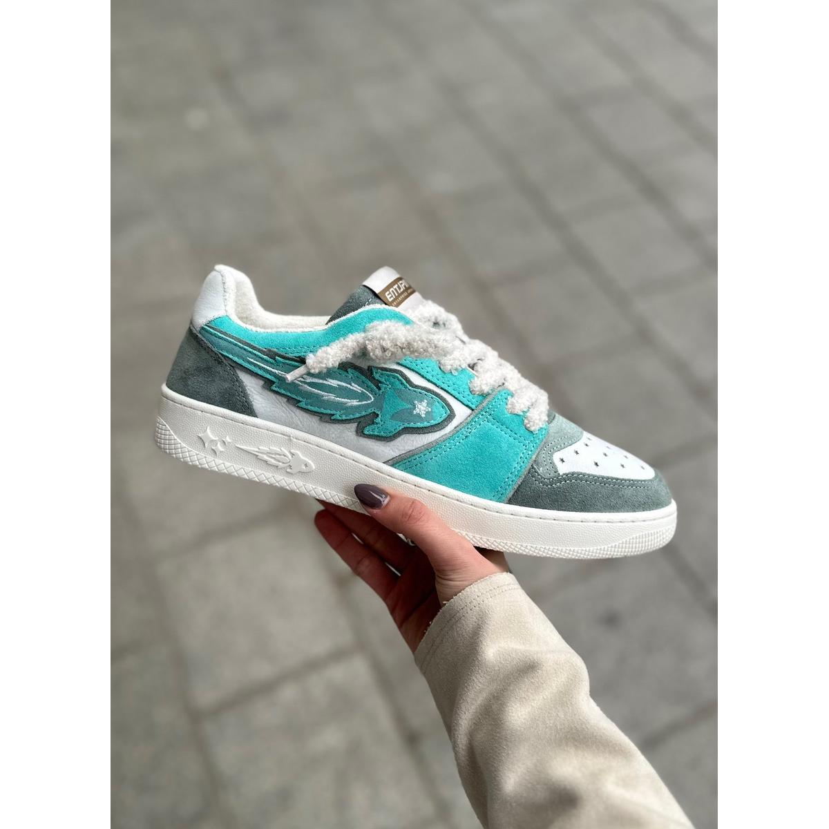 Enterprise Japan X Mr Something EGG Rocket Sneakers In Menta/Sky/Bianco Suede and Nubuck