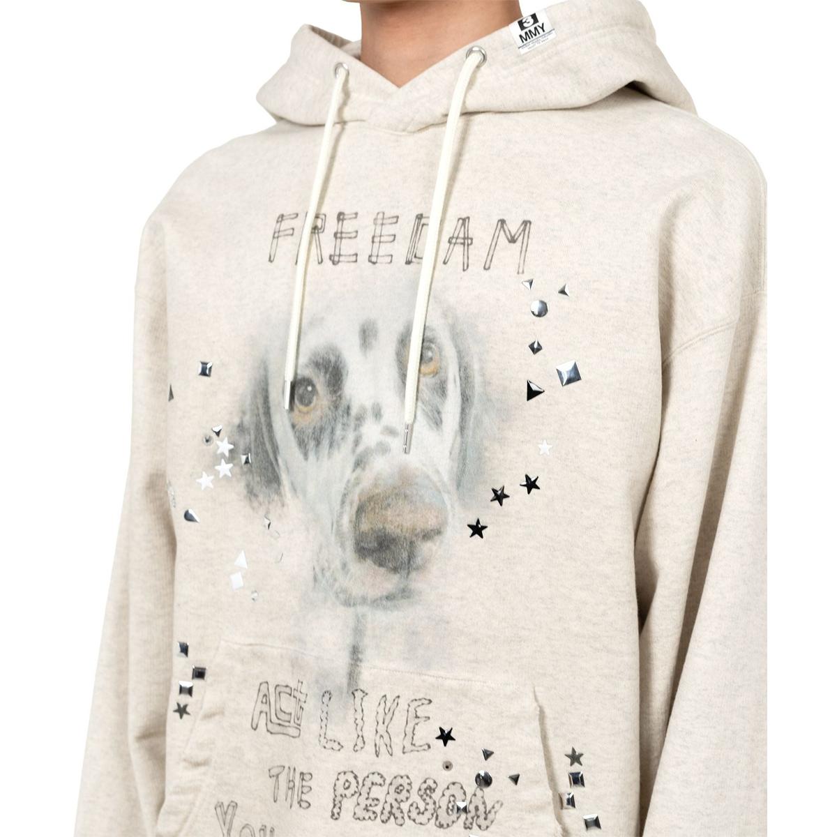 Maison Mihara Dog Printed Embellished Distressed White Hoodie