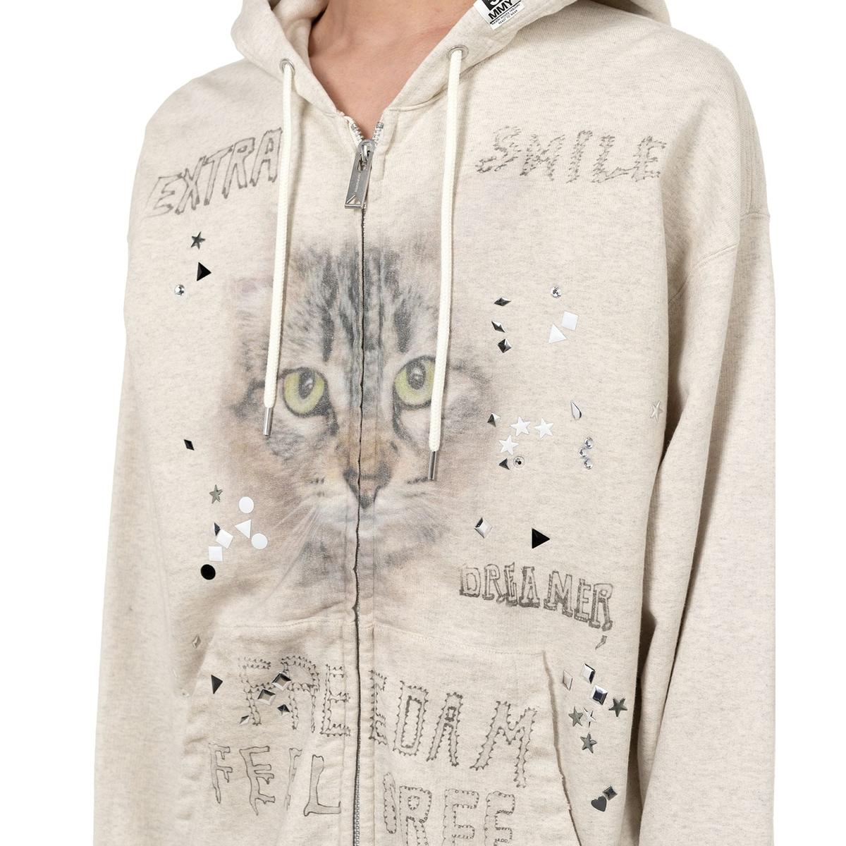 Maison Mihara Cat Printed Embellished Distressed white Zip-up Hoodie