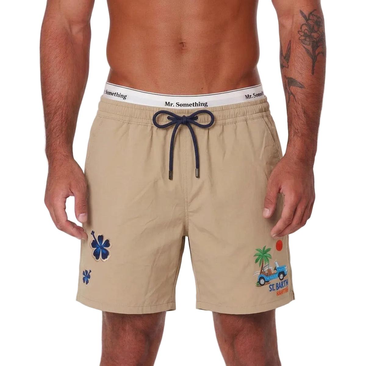 MC2 Saint Barth Comfort Swim Shorts in Beige with Car Palm Embroidered Patches