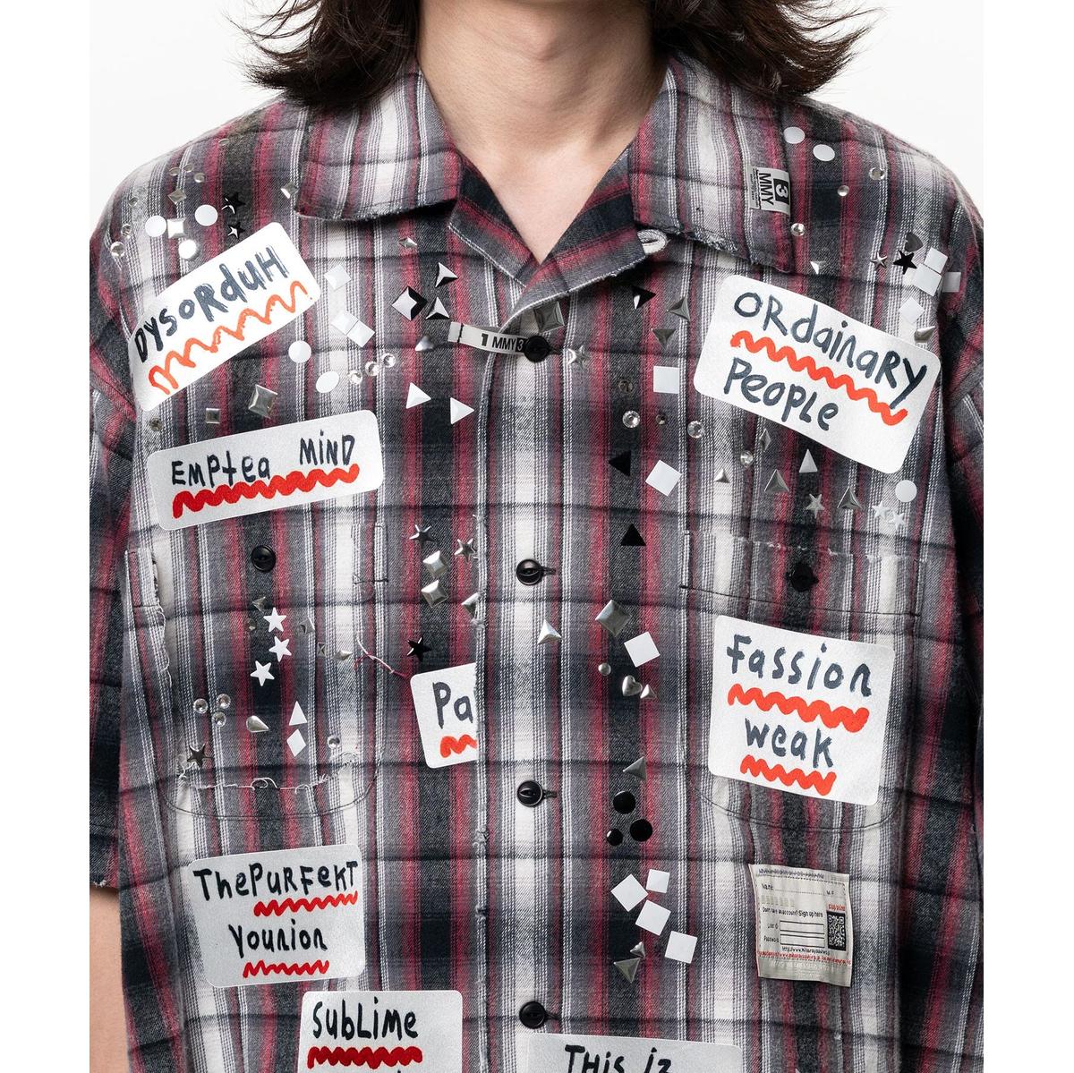 Maison Mihara Embellished Sticker Short Sleeve Check Shirt