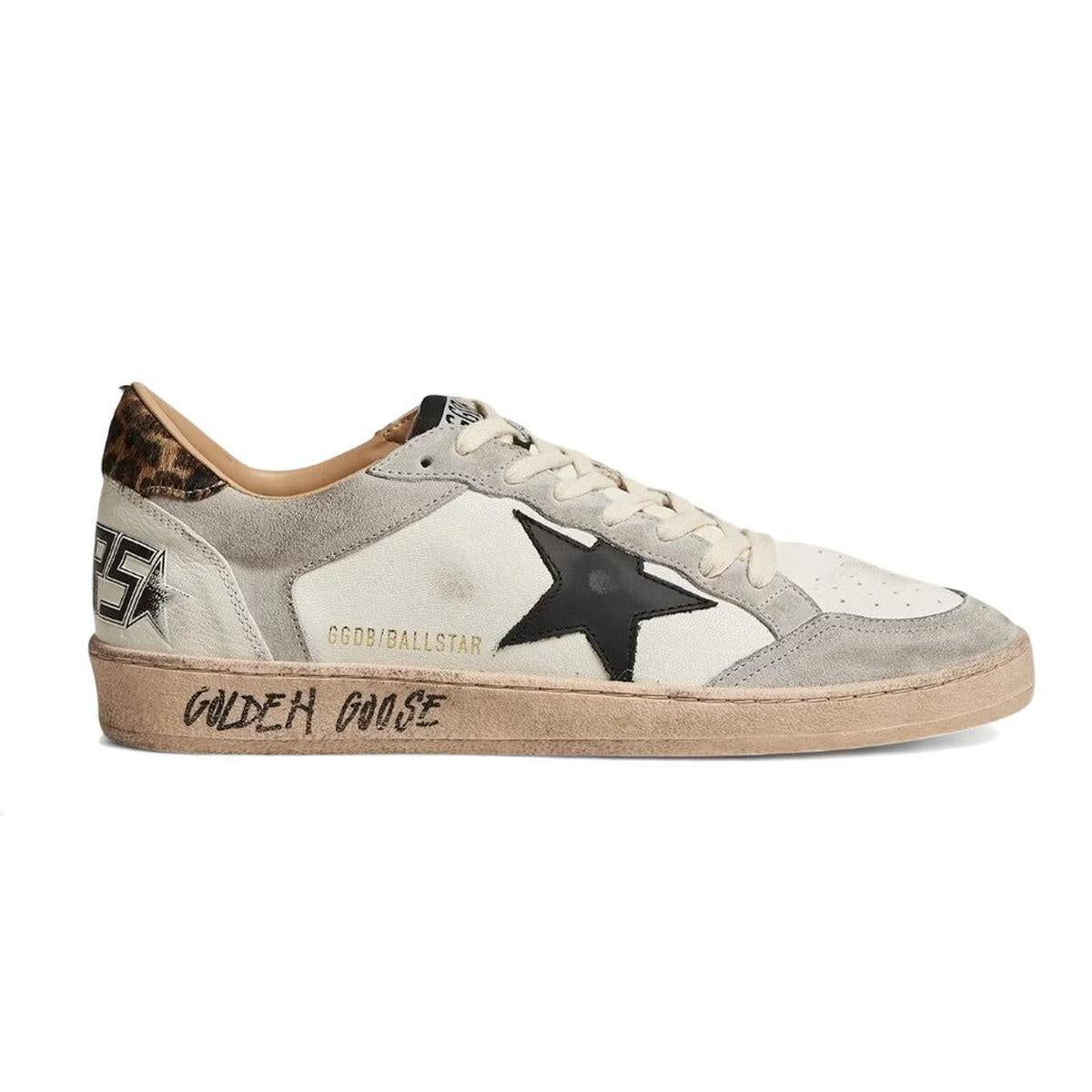 Golden Goose Ballstar Leather and Suede Sneakers in Black, White and Grey with Leopard Print