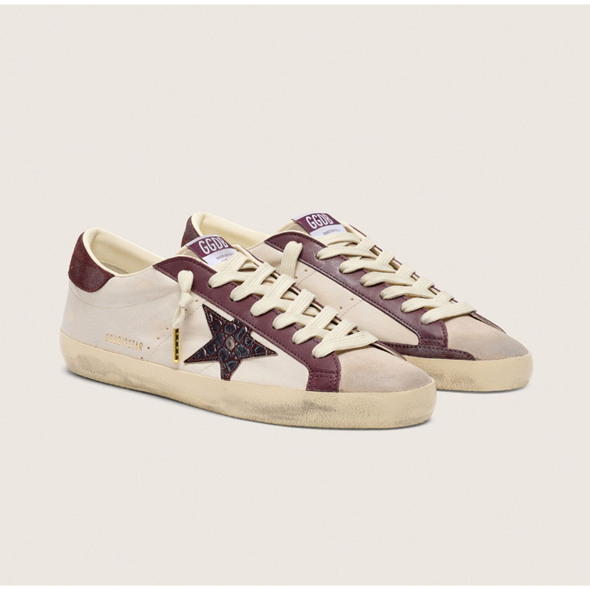 Golden Goose Super-Star Suede and Nappa Sneakers in Butter, Beige and Burgund with Cocco Printed Star