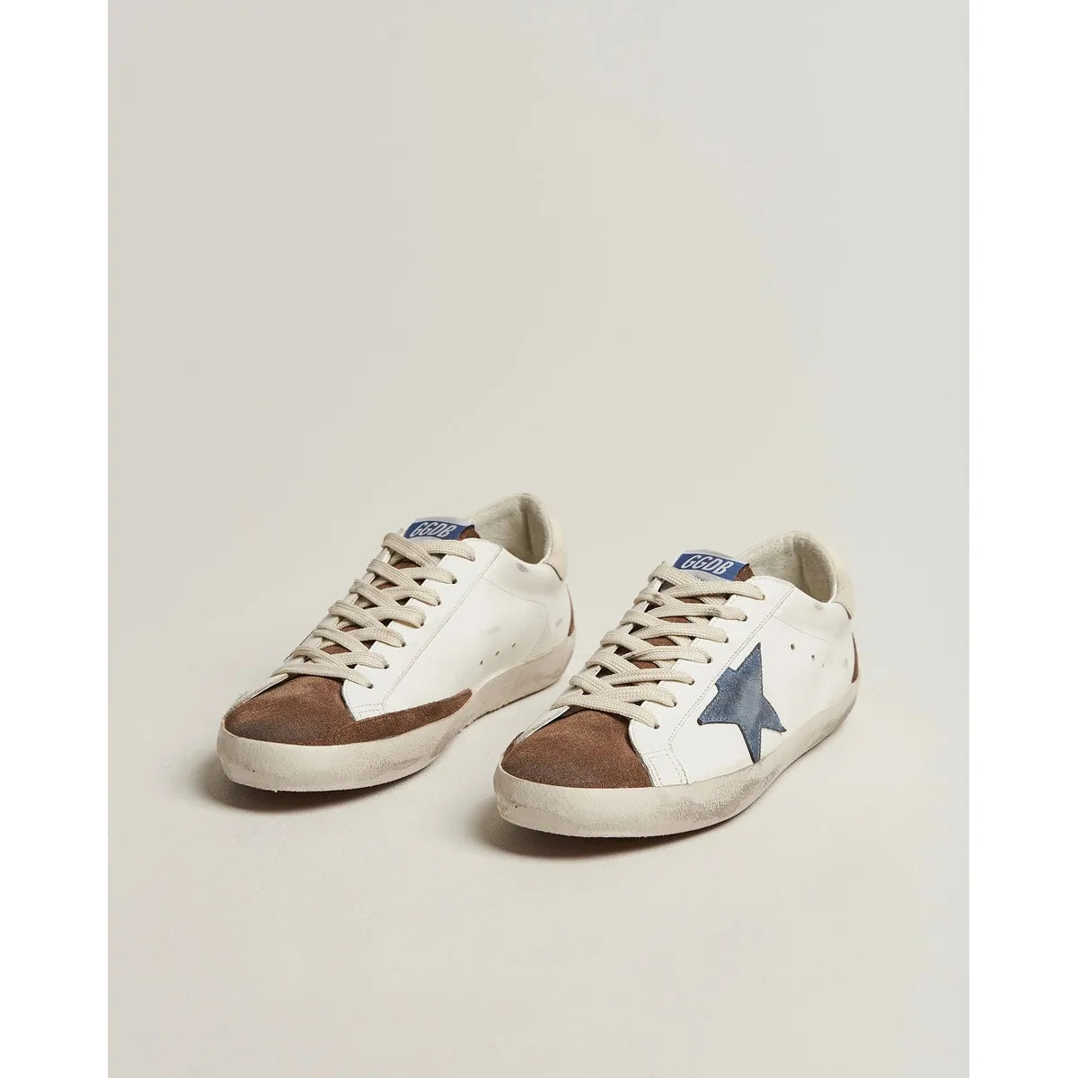 Golden Goose Super-Star Leather and Suede Sneakers in White, Brown and Denim Blue