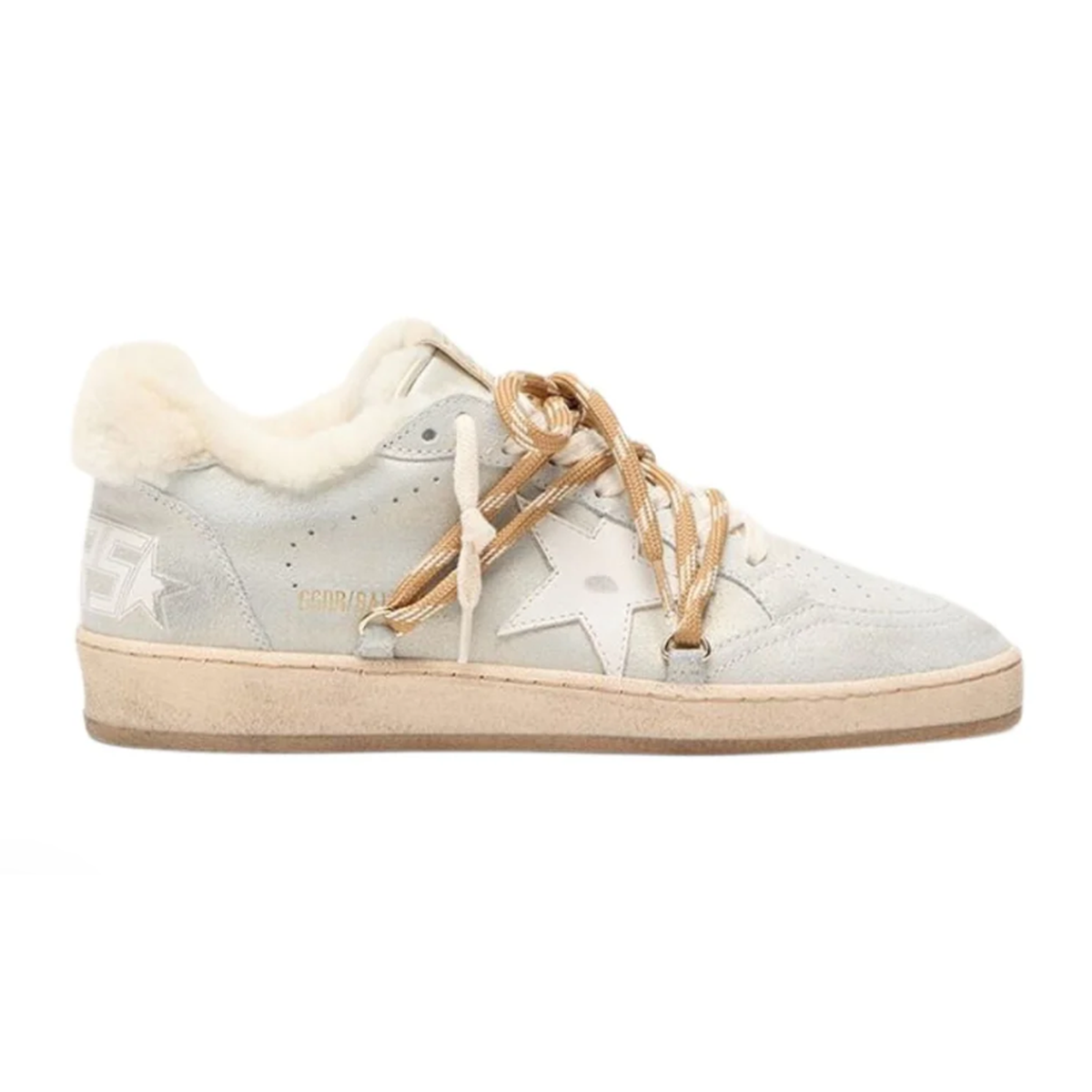 Golden Goose Ballstar Shimmer Suede Sneakers in Platinum and Beige with Sheaerling Heel