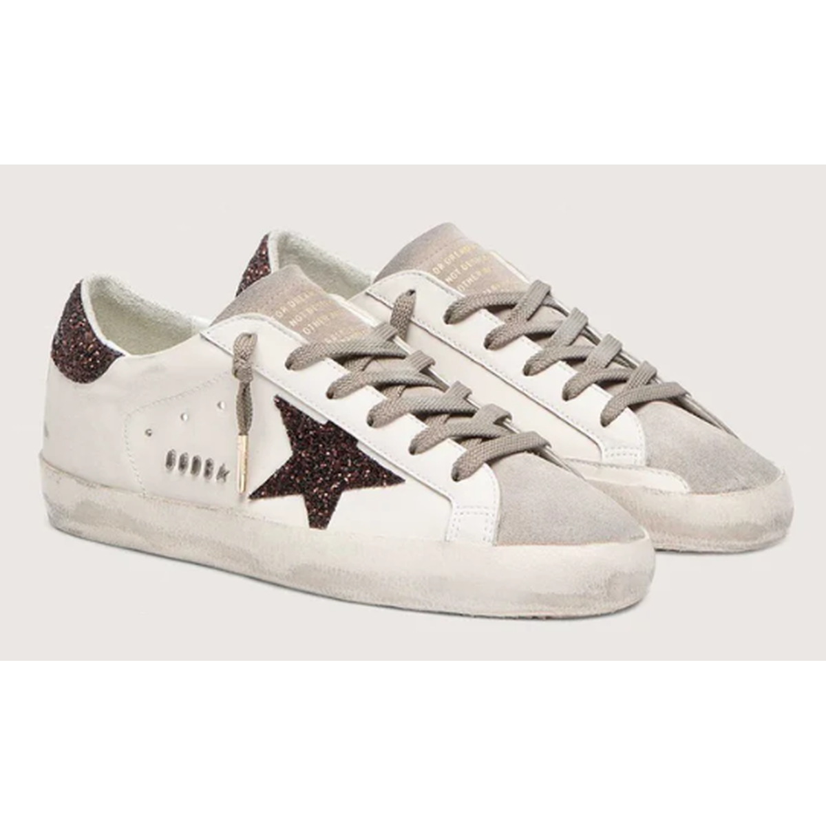 Golden Goose Super-Star Leather Sneakers in Milk, Dove and brown with a Glitter Star and Heel