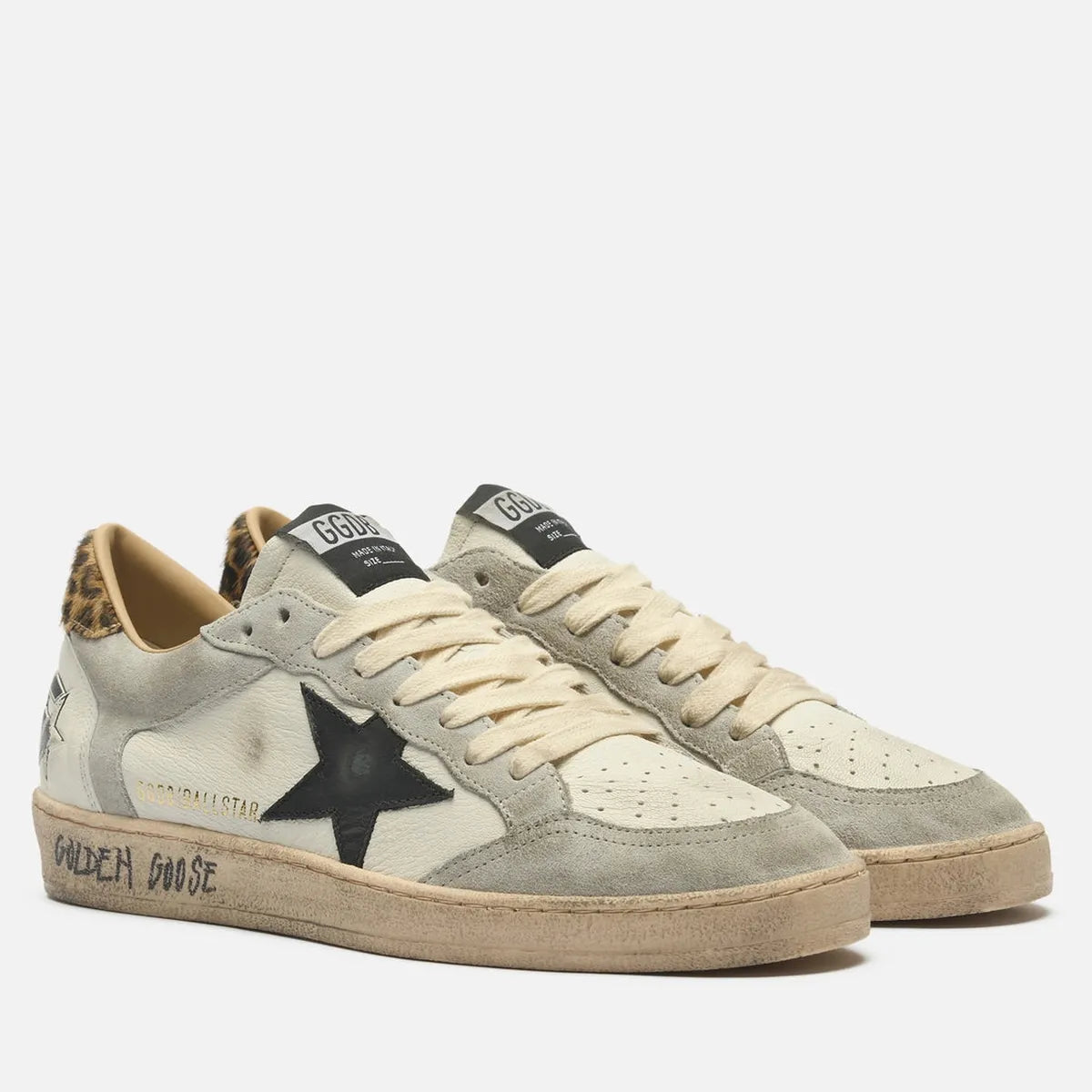 Golden Goose Ballstar Leather and Suede Sneakers in Black, White and Grey with Leopard Print