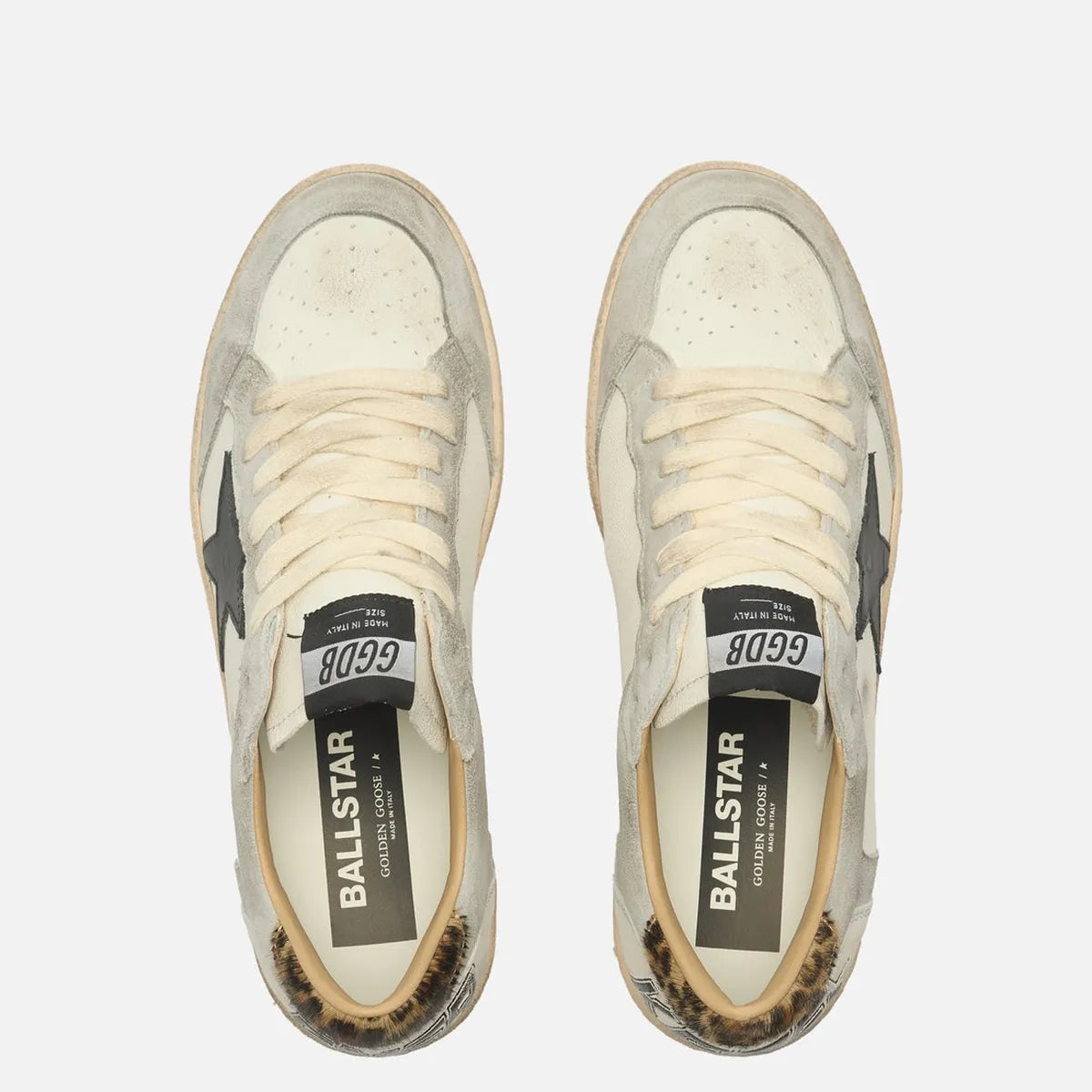 Golden Goose Ballstar Leather and Suede Sneakers in Black, White and Grey with Leopard Print
