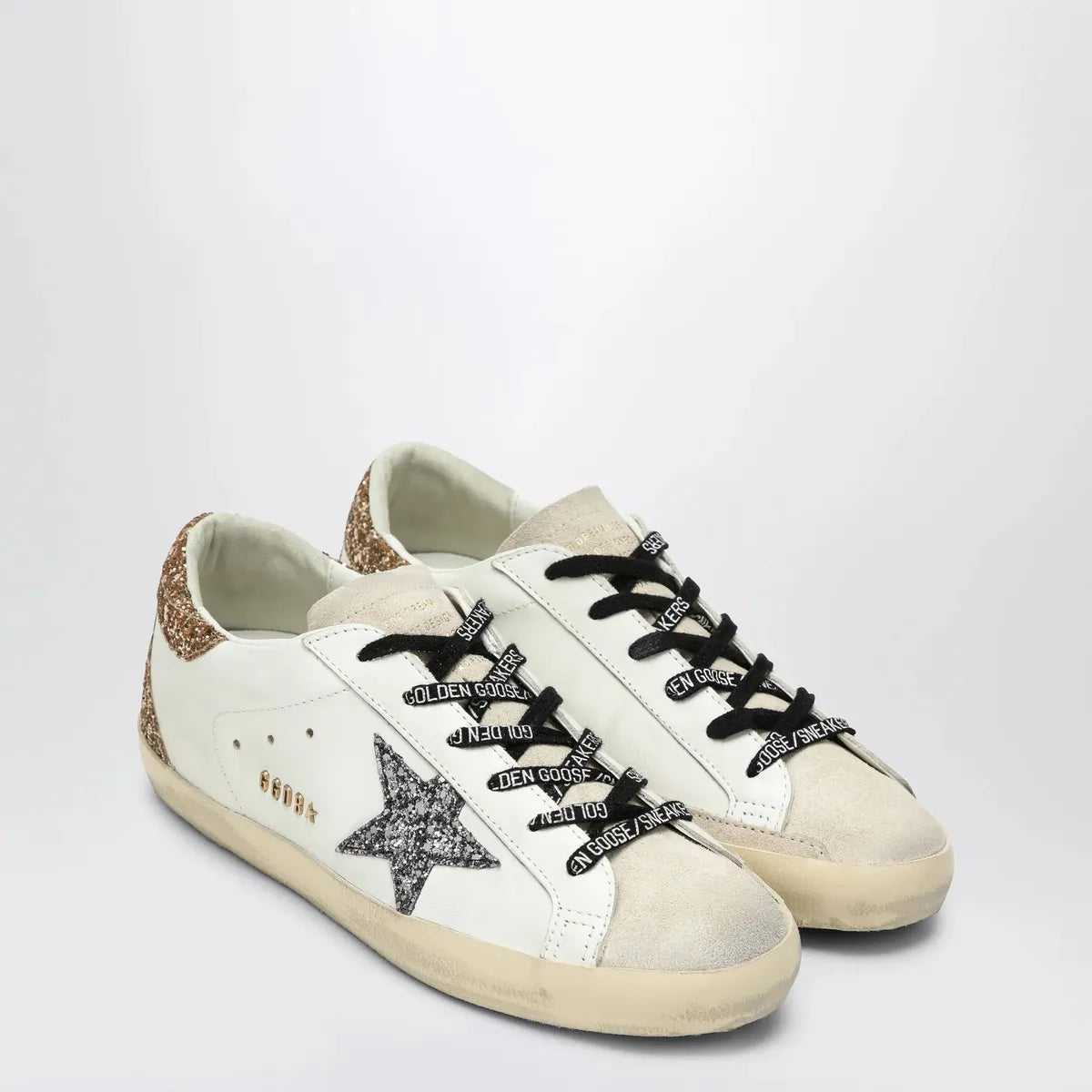 Golden Goose Super-Star Leather and Suede Sneakers in White, Silver, Gold and Black
