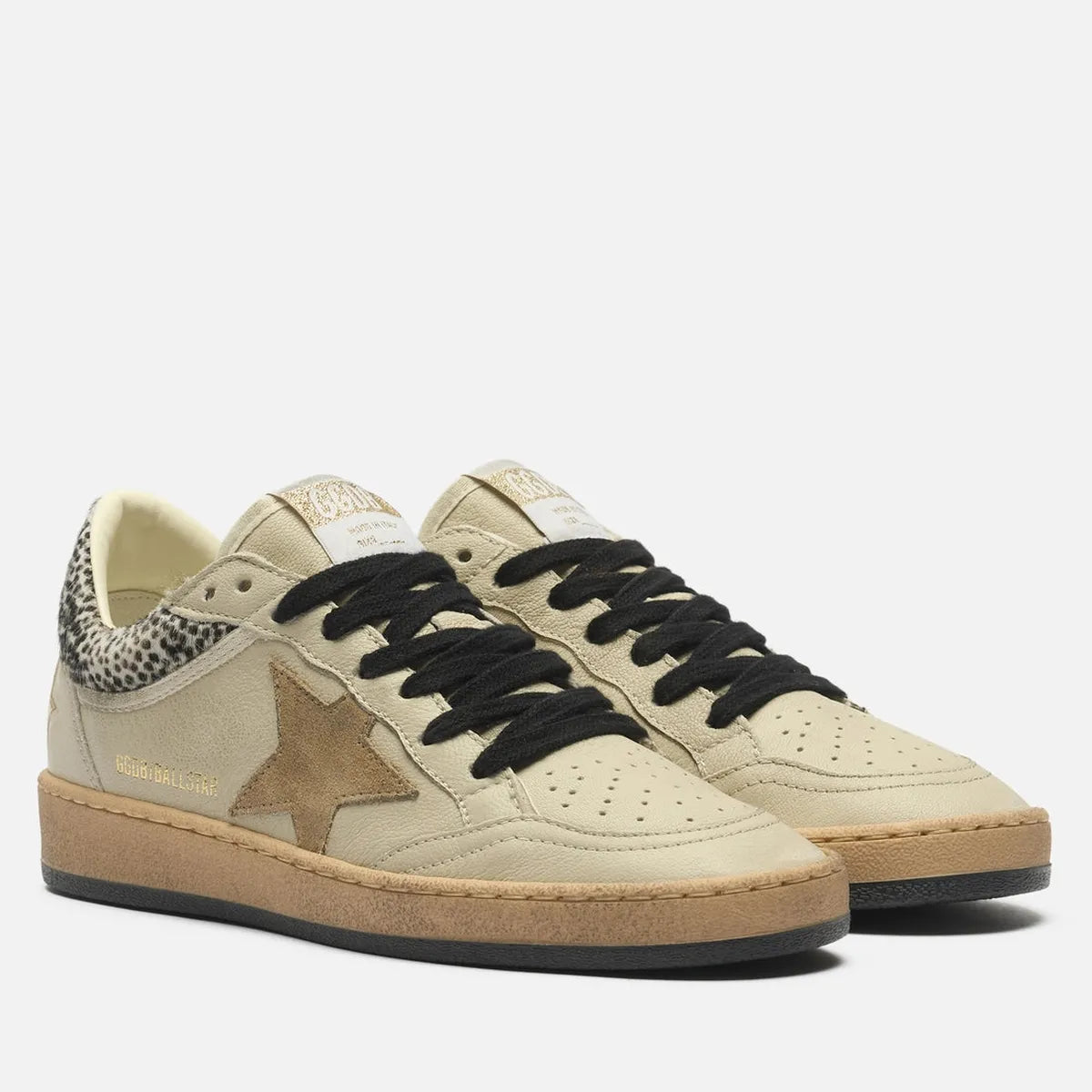 Golden Goose Ballstar Horsy Collar, Nappa and Suede Sneakers in Cream, Black White and Beige