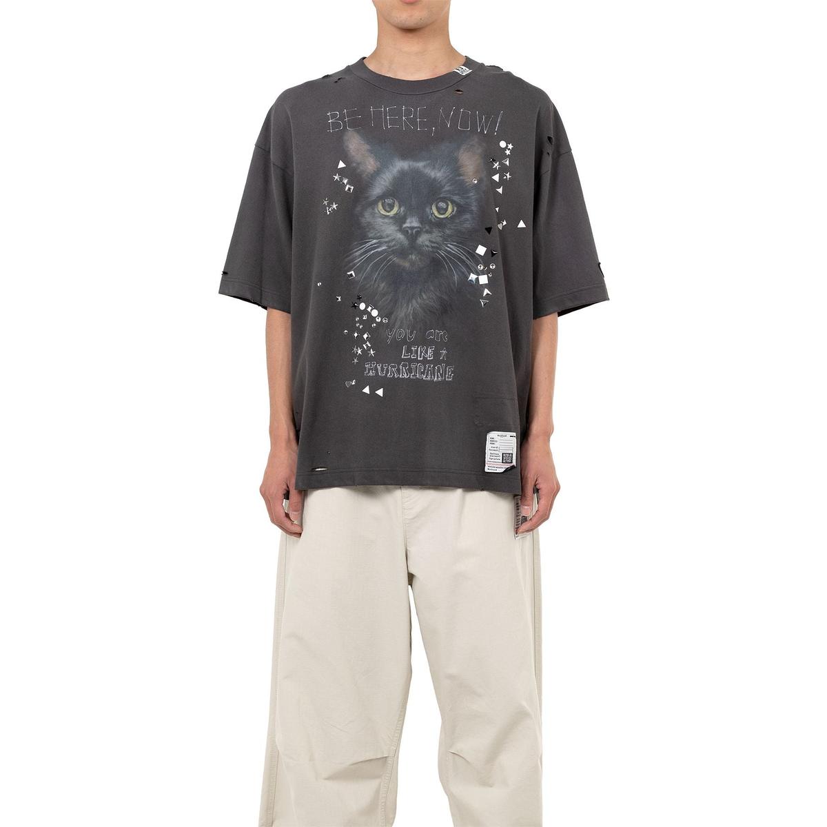Maison Mihara Cat Printed Embellished Distressed T-shirt