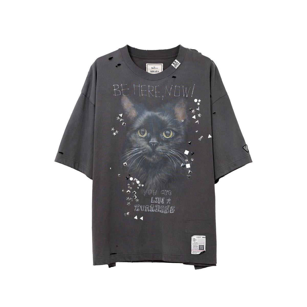 Maison Mihara Cat Printed Embellished Distressed T-shirt