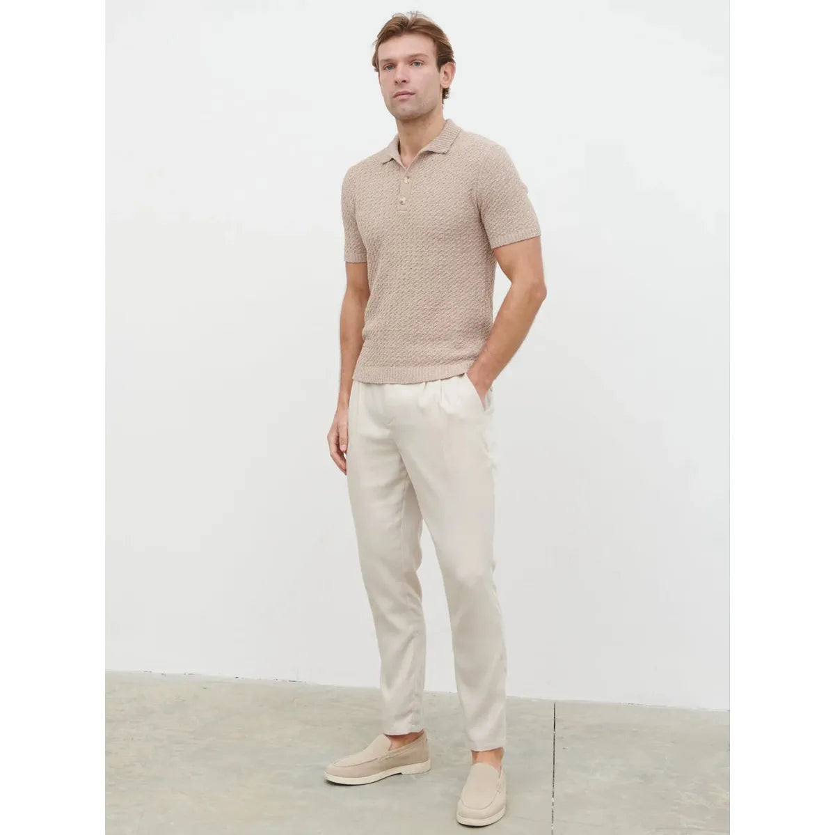 NOBL Leonardo Textured Cable Knit Polo Taupe