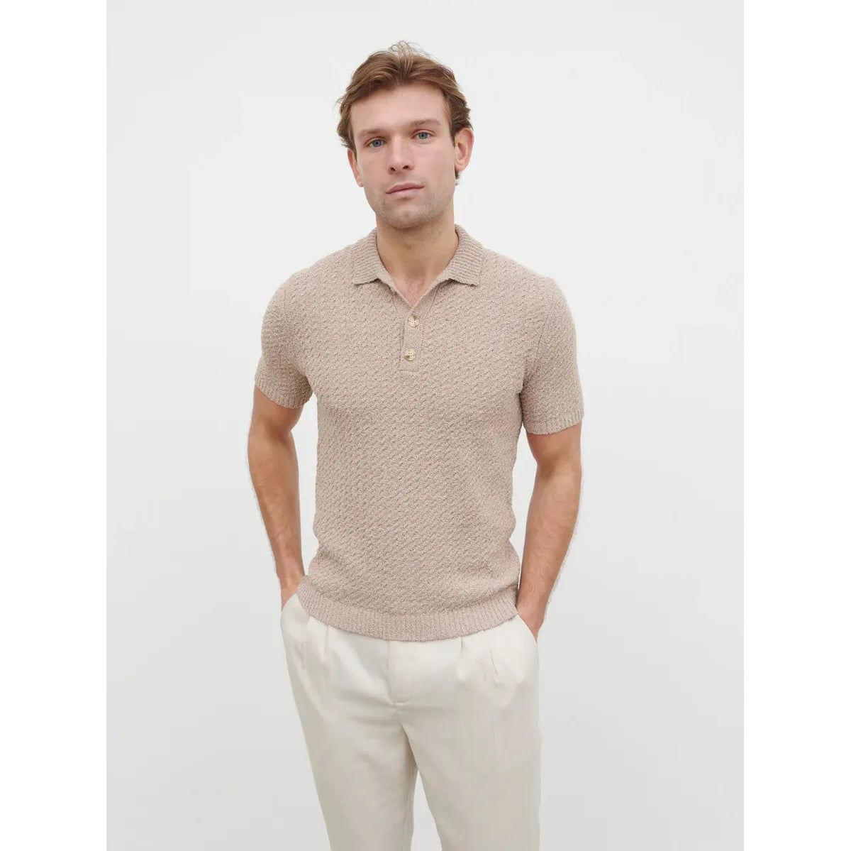 NOBL Leonardo Textured Cable Knit Polo Taupe