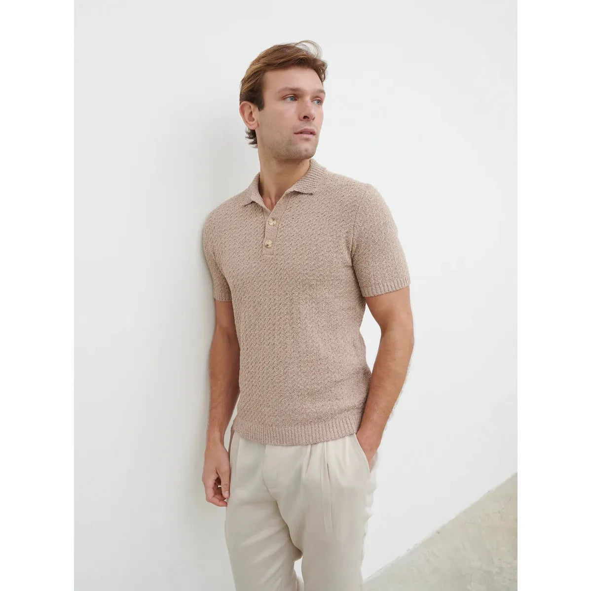NOBL Leonardo Textured Cable Knit Polo Taupe