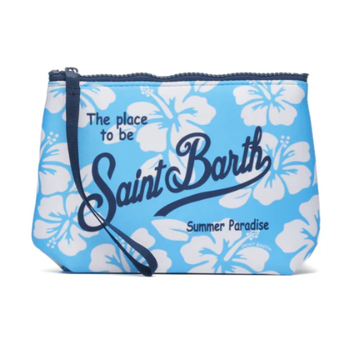 MC2 Saint Barth Aline Simple Hibiscus Print Scuba Pouch In Light Blue And White