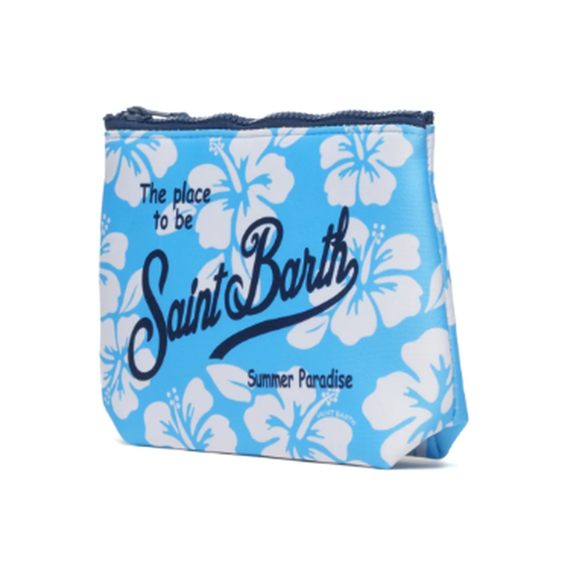 MC2 Saint Barth Aline Simple Hibiscus Print Scuba Pouch In Light Blue And White
