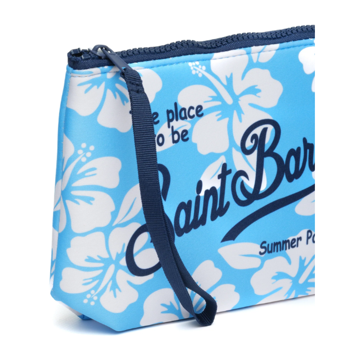 MC2 Saint Barth Aline Simple Hibiscus Print Scuba Pouch In Light Blue And White