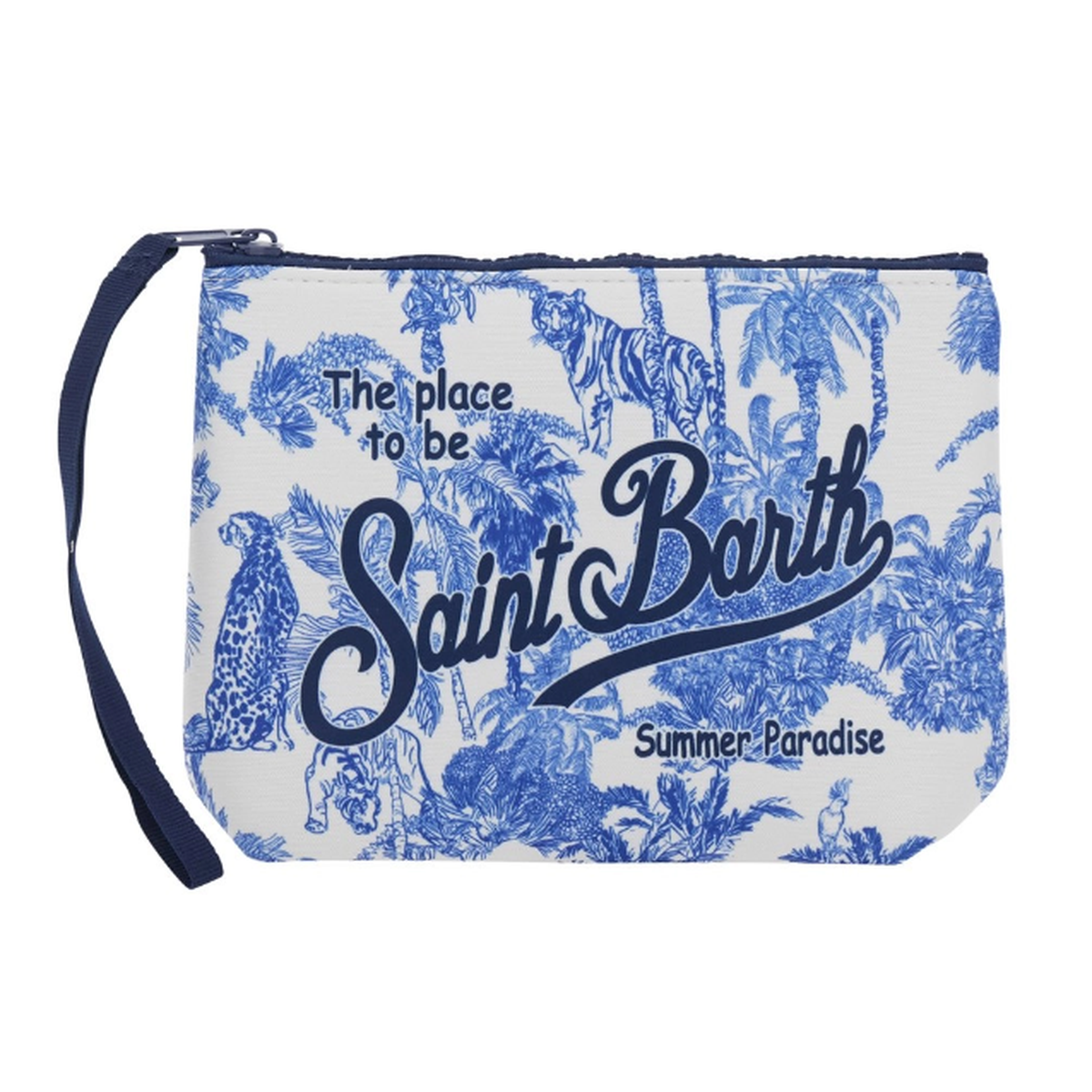 MC2 Saint Barth Aline Jungle Oceania Print Scuba Pouch In Blue And White