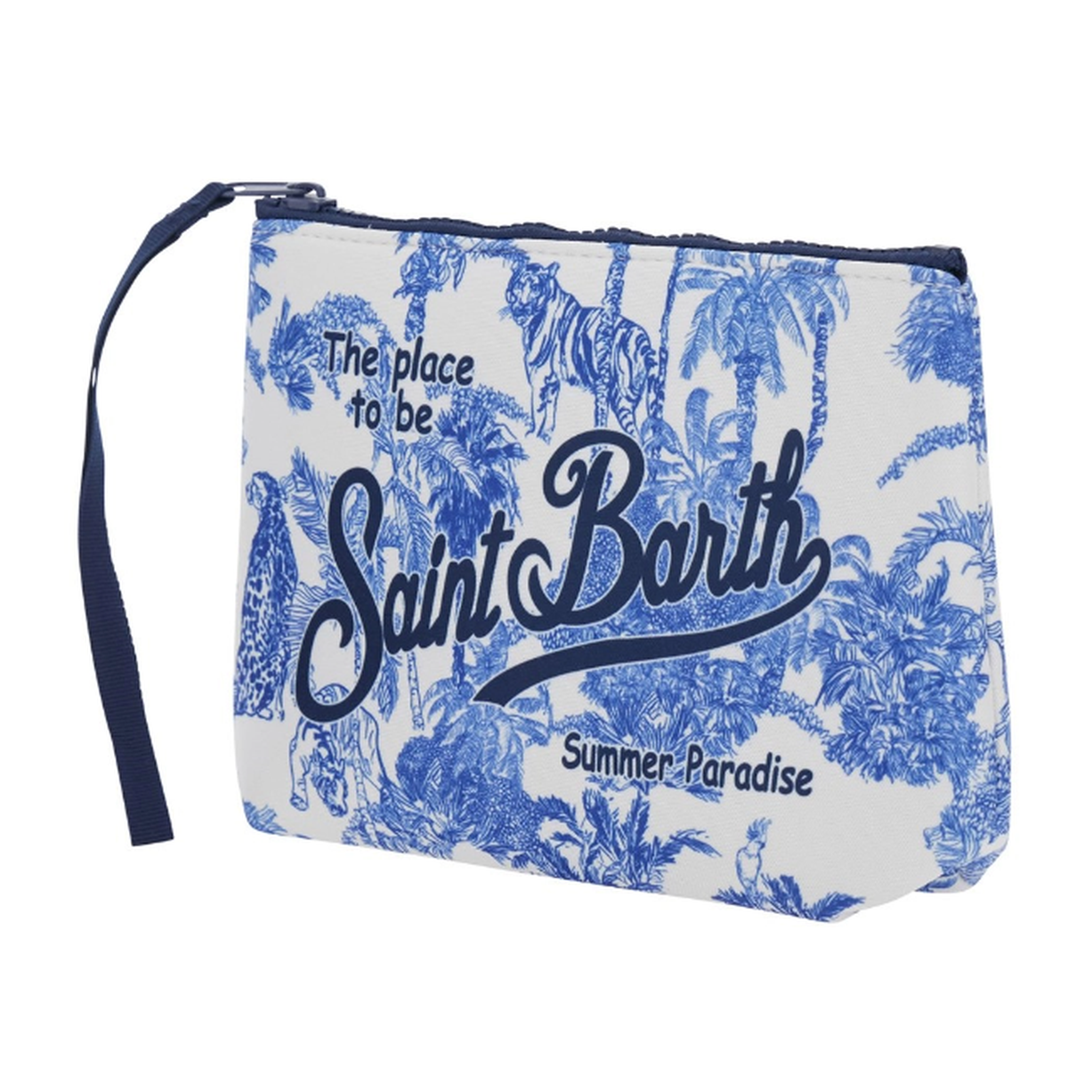 MC2 Saint Barth Aline Jungle Oceania Print Scuba Pouch In Blue And White