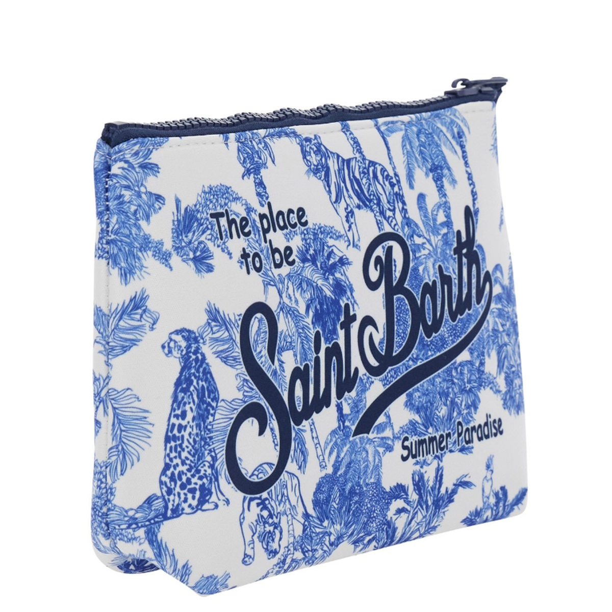 MC2 Saint Barth Aline Jungle Oceania Print Scuba Pouch In Blue And White