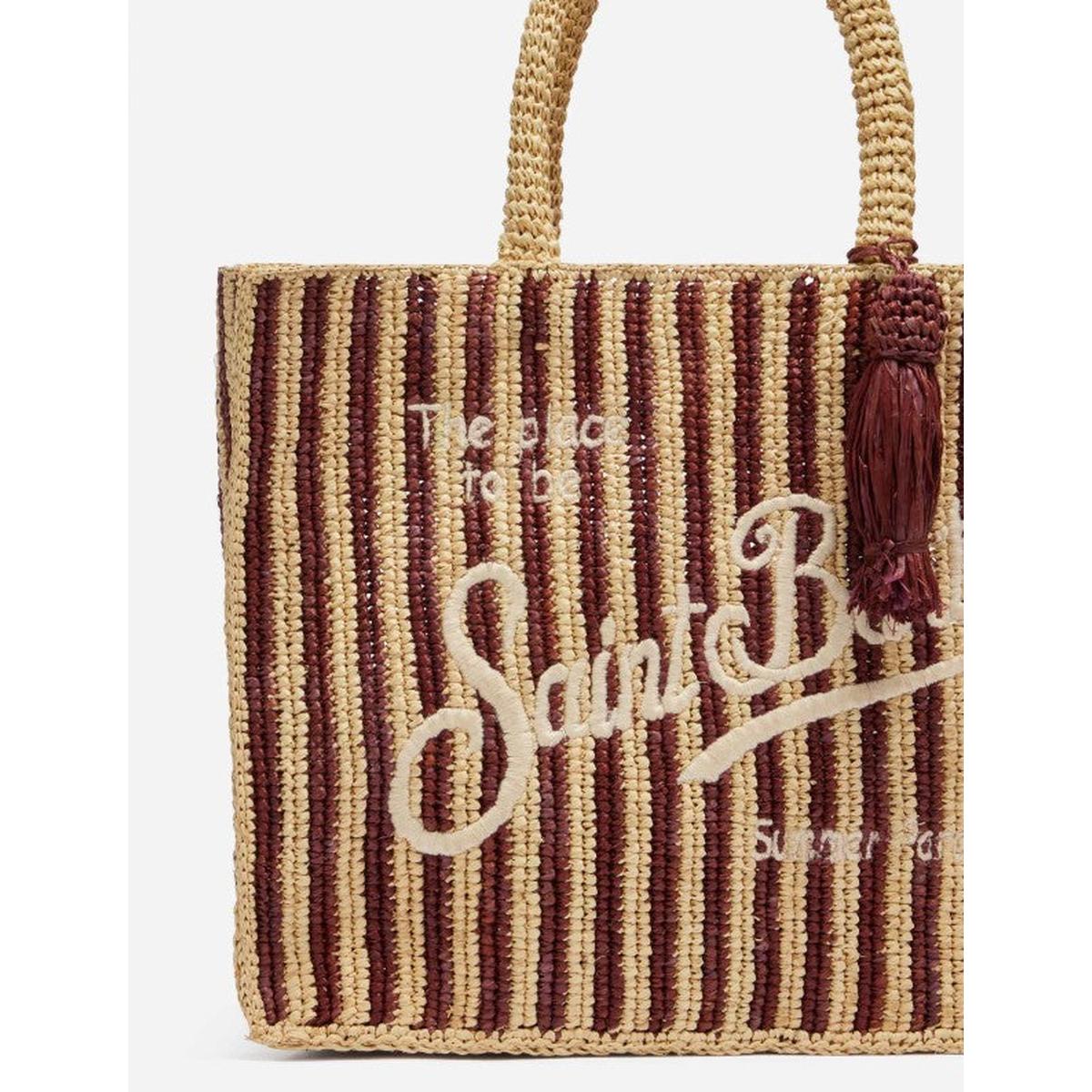 MC2 Saint Barth Colette Brown Striped Raffia Handbag with Logo Embroidery