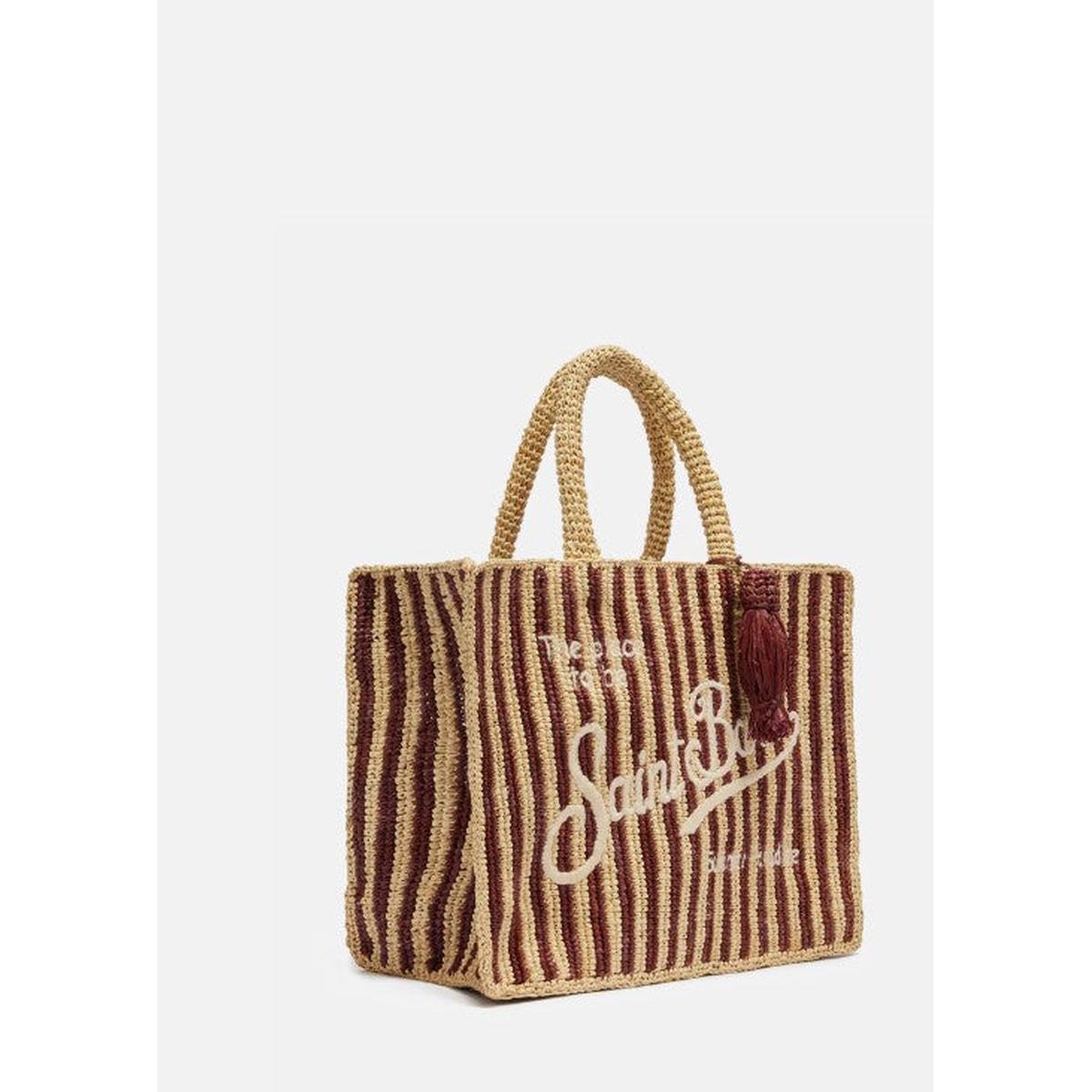 MC2 Saint Barth Colette Brown Striped Raffia Handbag with Logo Embroidery