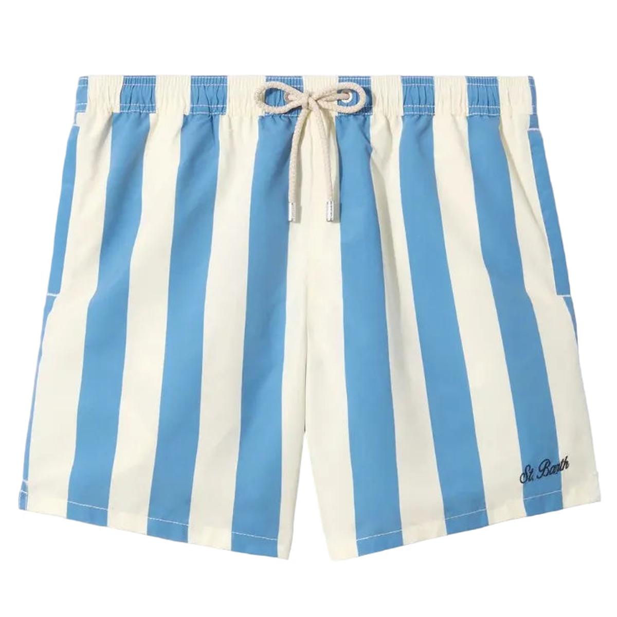 MC2 Saint Barth Syros Swim Shorts in White and Light Blue Stripes