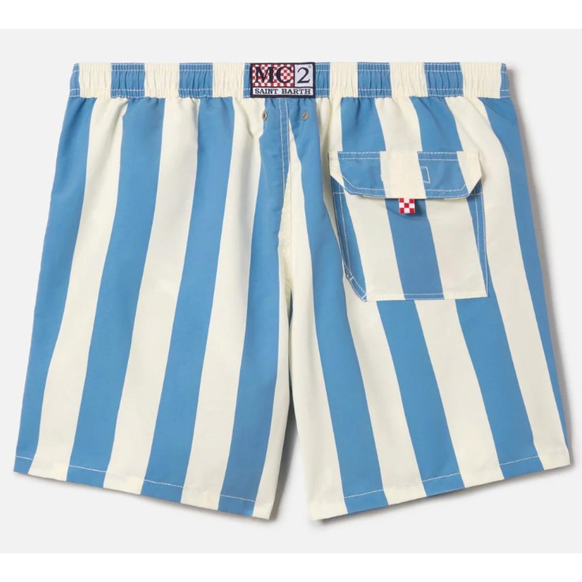 MC2 Saint Barth Syros Swim Shorts in White and Light Blue Stripes