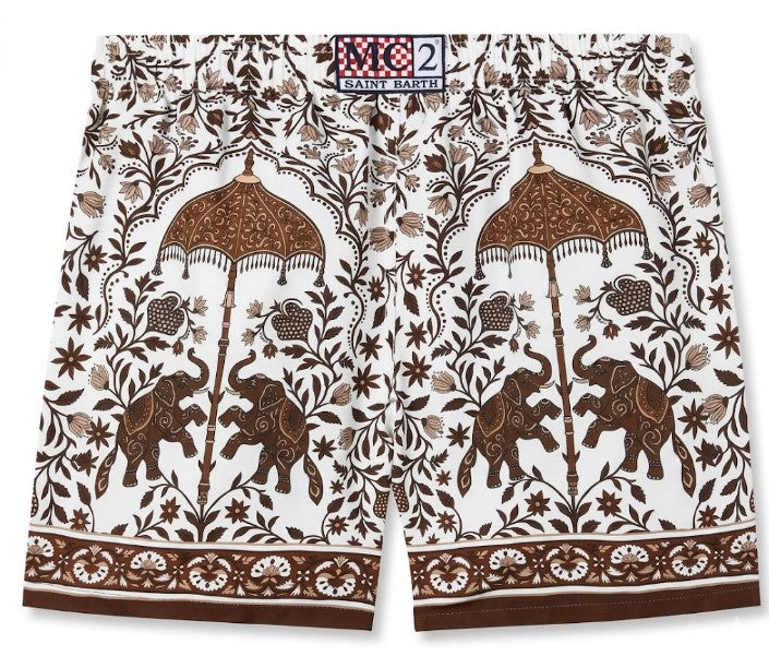 MC2 Saint Barth White Gustavia Swim Shorts with Contrasting Elephant Print