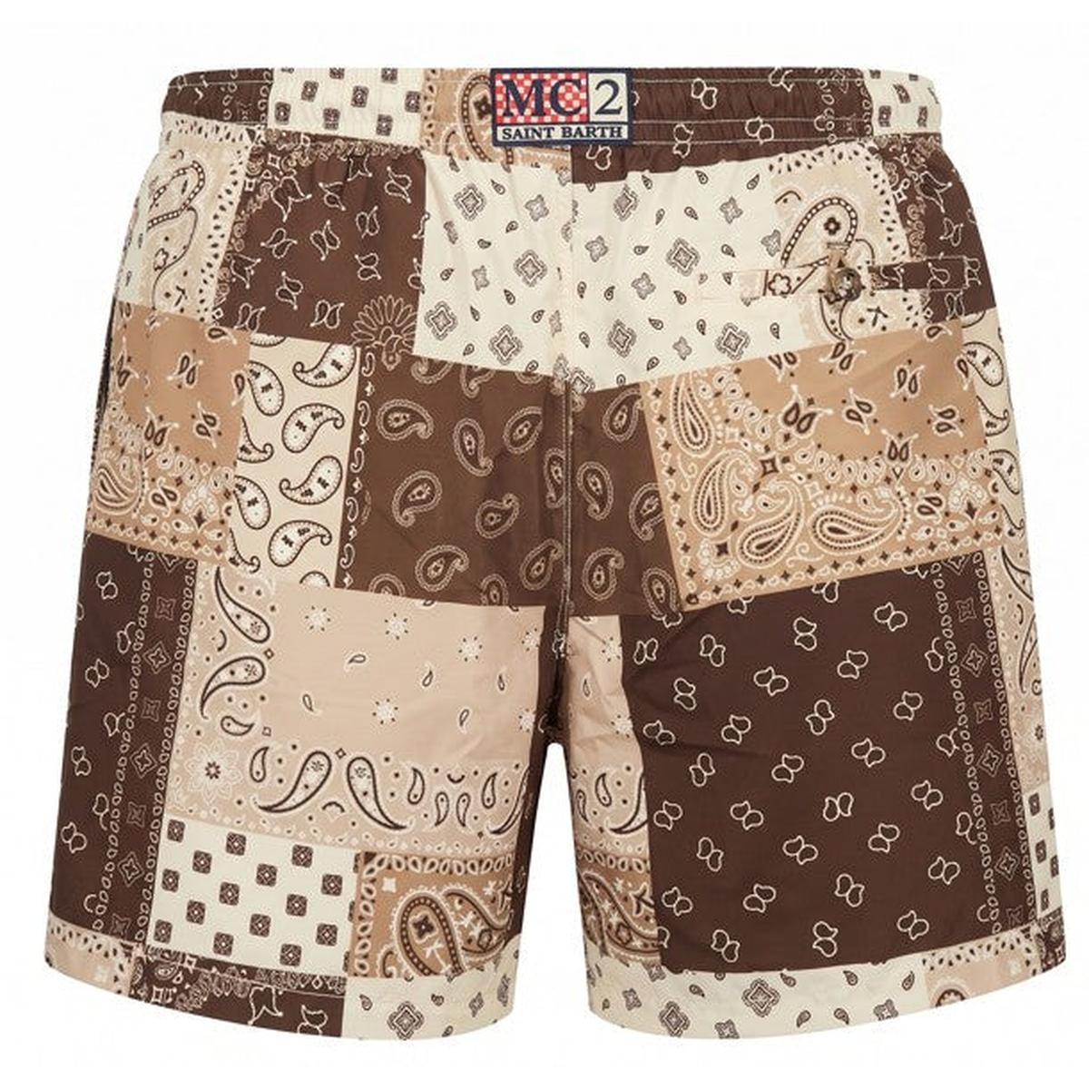 MC2 Saint Barth Caprese Brown Swim Shorts in Bandana Patch Print