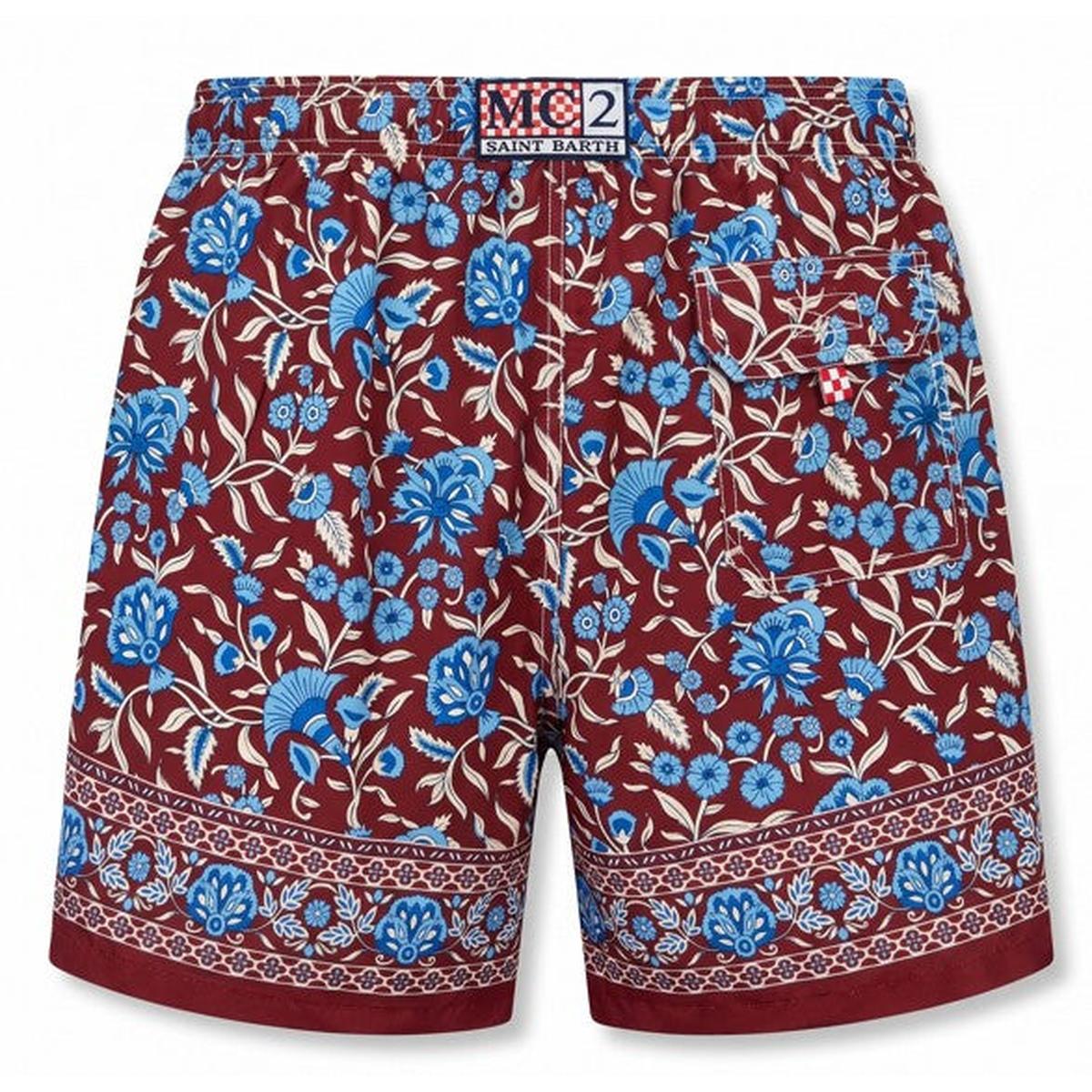 MC2 Saint Barth Gustavia Bordeaux Swim Shorts with Leaves Print