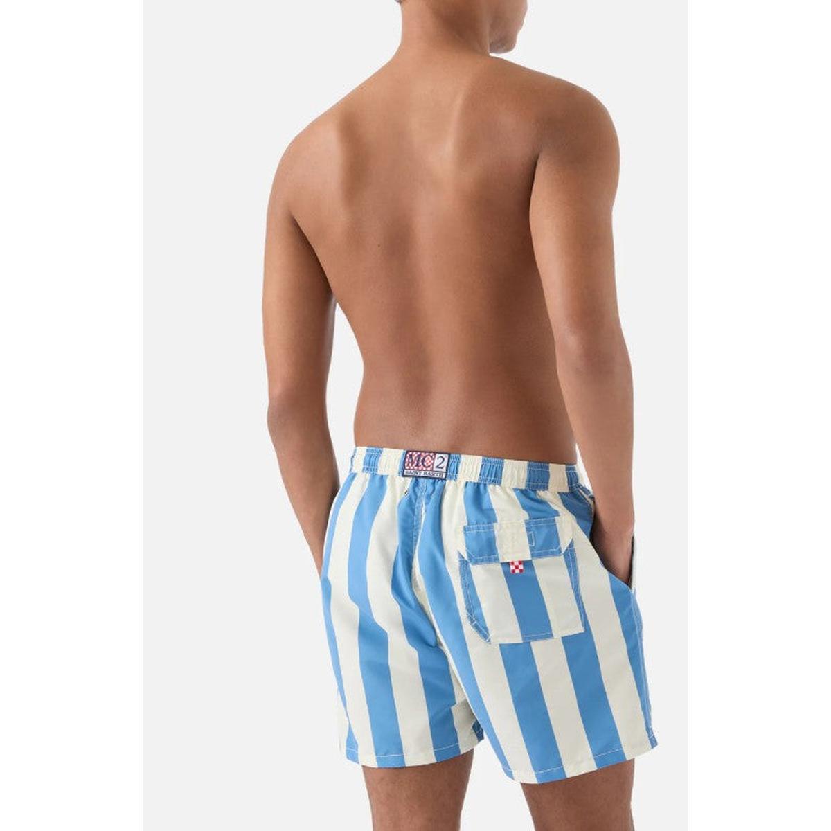 MC2 Saint Barth Syros Swim Shorts in White and Light Blue Stripes