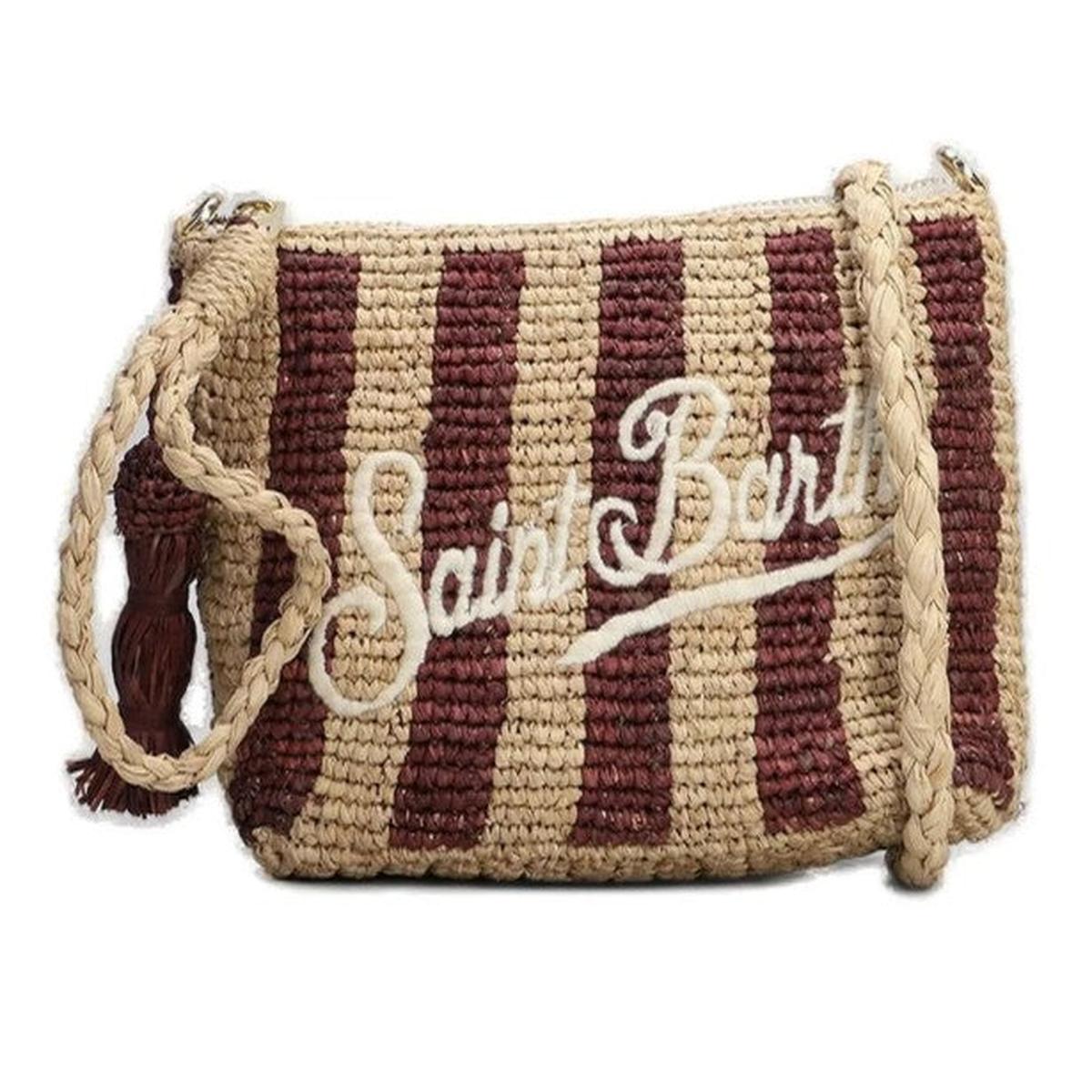 MC2 Saint Barth Natural Raffia Pouch with Brown Stripes and Embroidered Logo