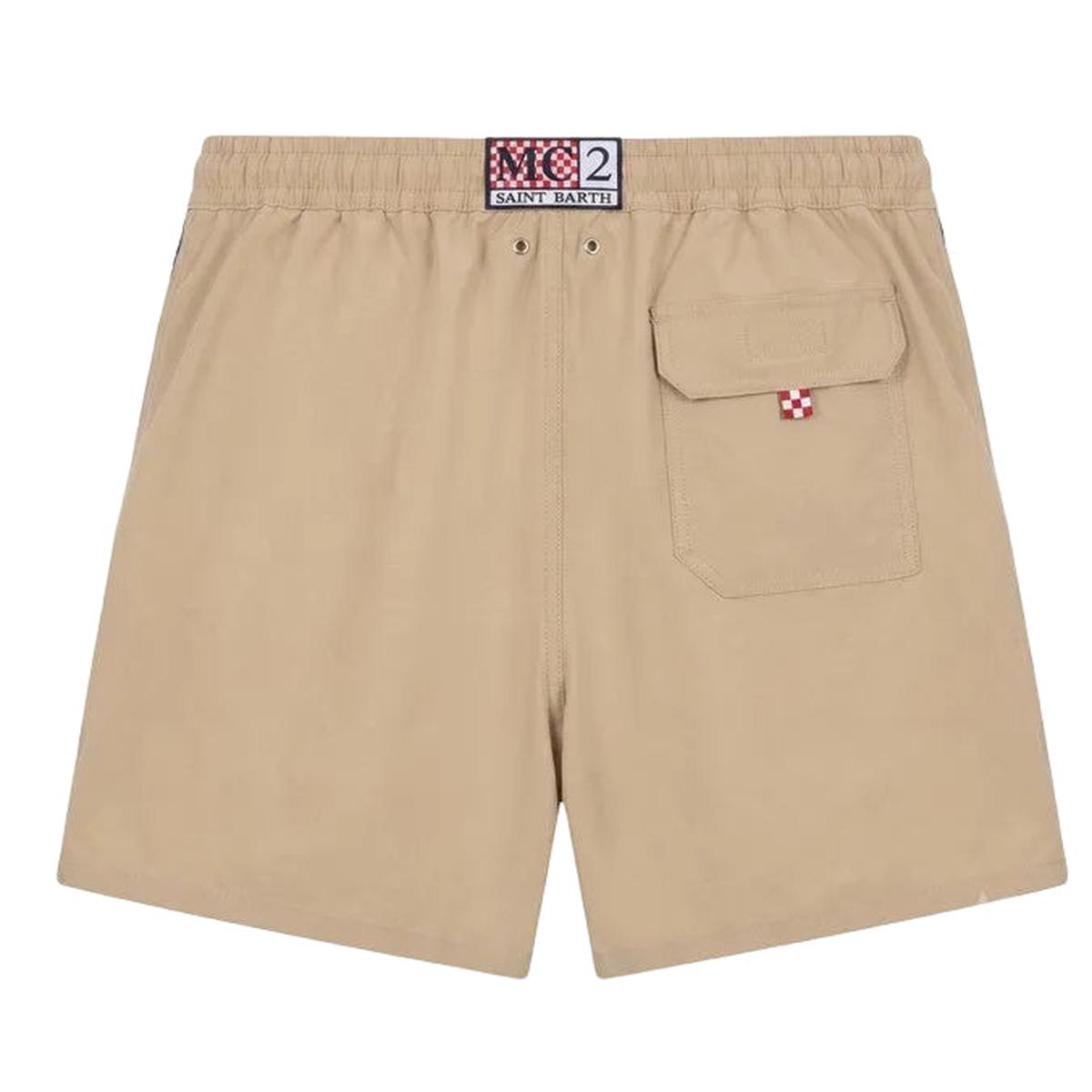 MC2 Saint Barth Comfort Swim Shorts in Beige with Car Palm Embroidered Patches