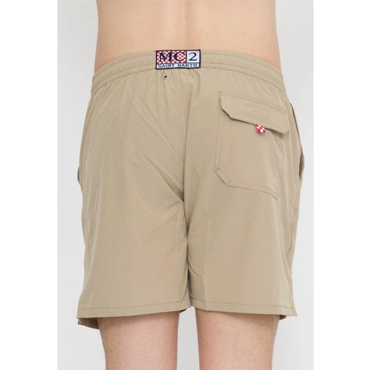 MC2 Saint Barth Comfort Swim Shorts in Beige with Car Palm Embroidered Patches