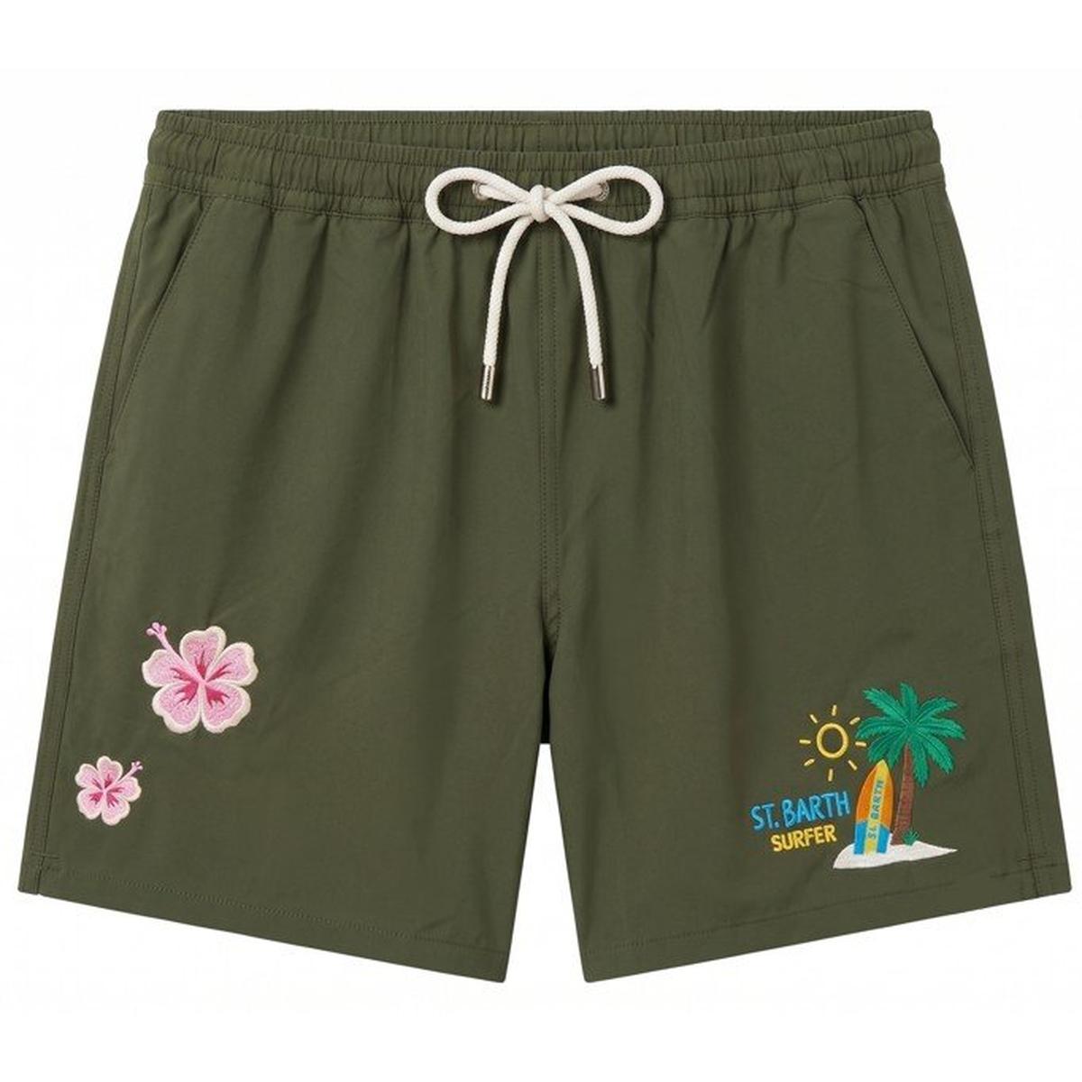 MC2 Saint Barth Comfort Swim Shorts in Military Green with Surfer Embroidered Patches