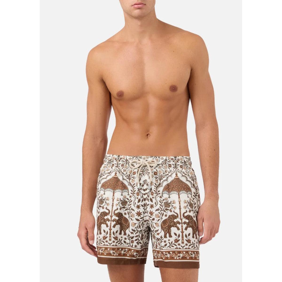 MC2 Saint Barth White Gustavia Swim Shorts with Brown Ornamental Placed Print