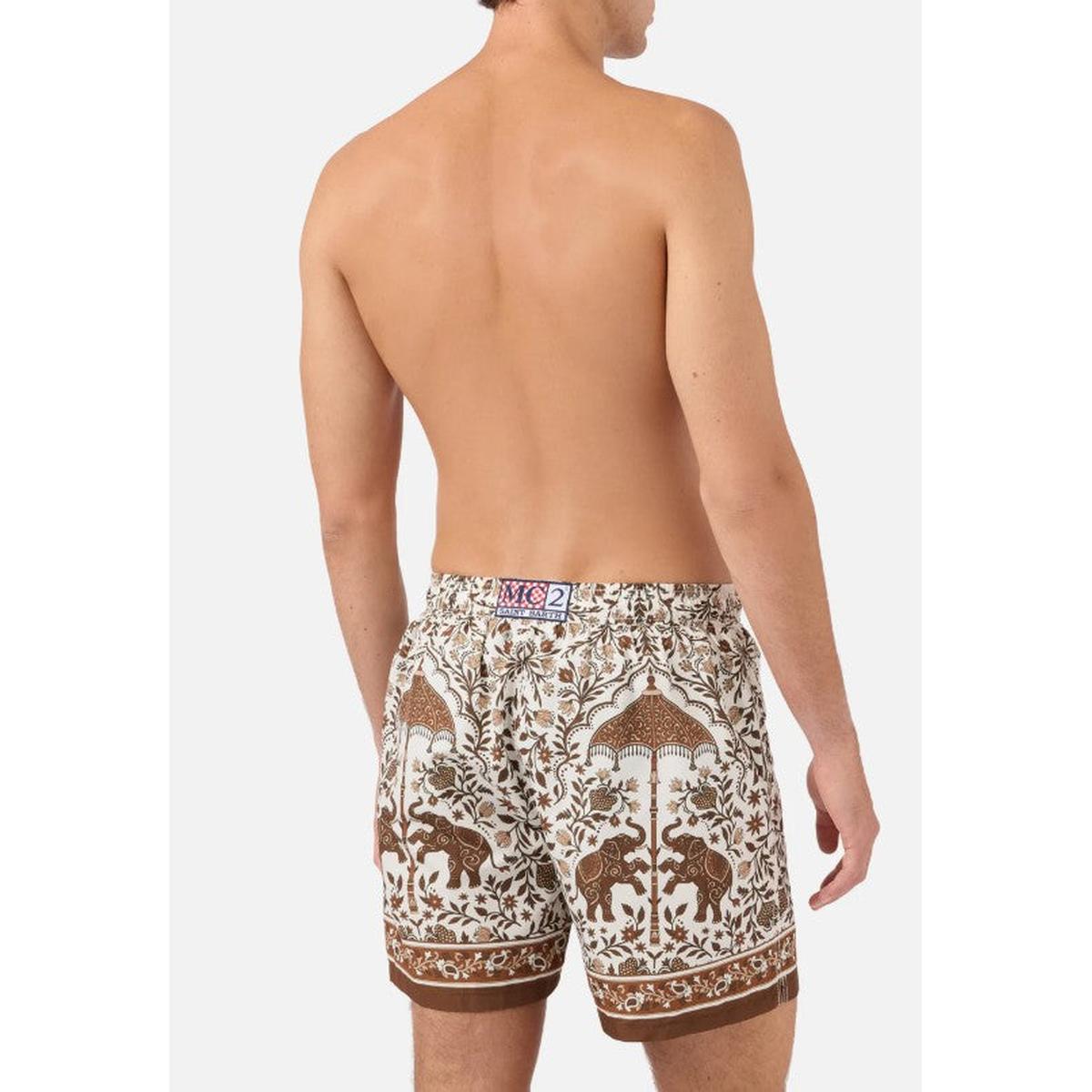 MC2 Saint Barth White Gustavia Swim Shorts with Brown Ornamental Placed Print