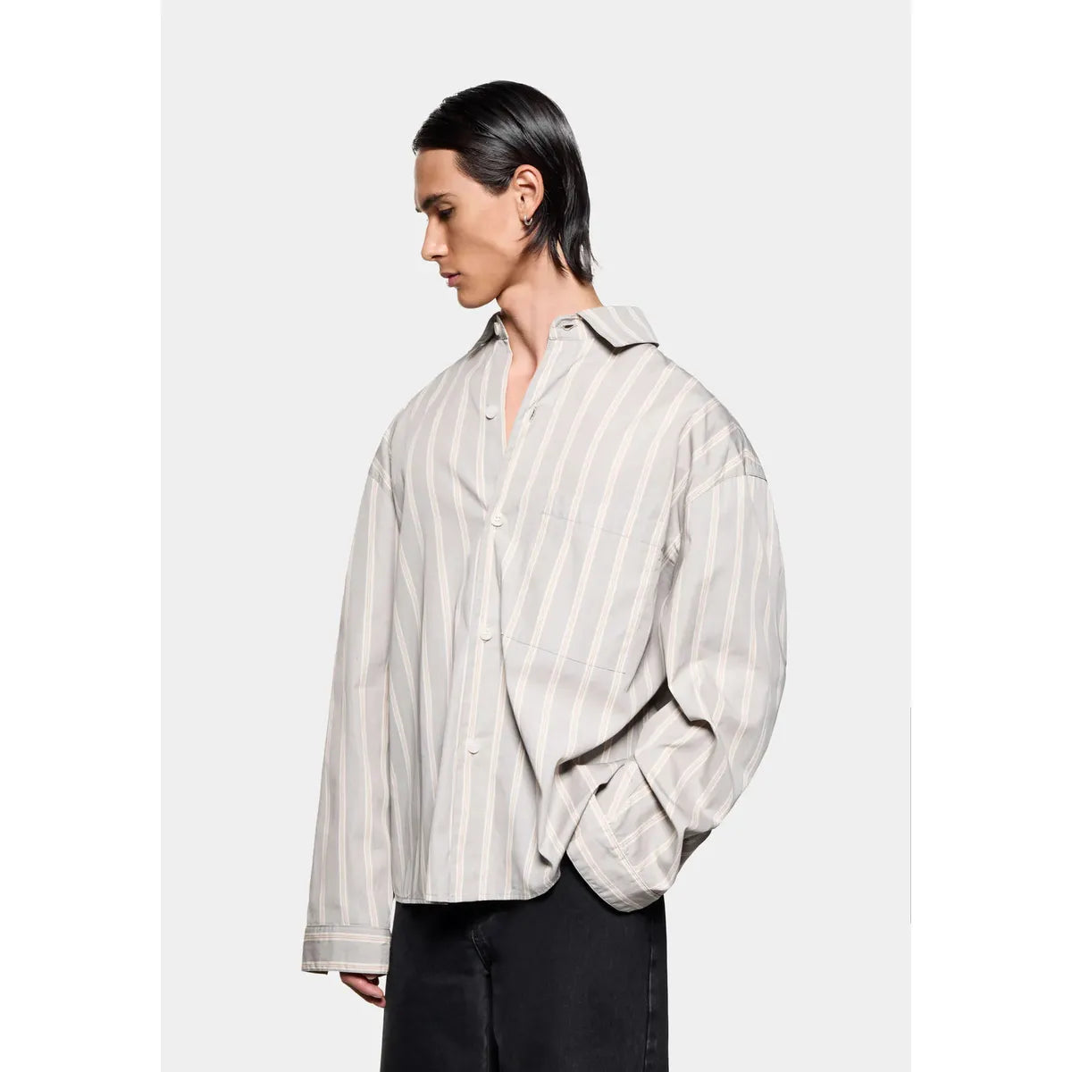 MKI Poplin Stripe Box Dress Shirt in Light Grey