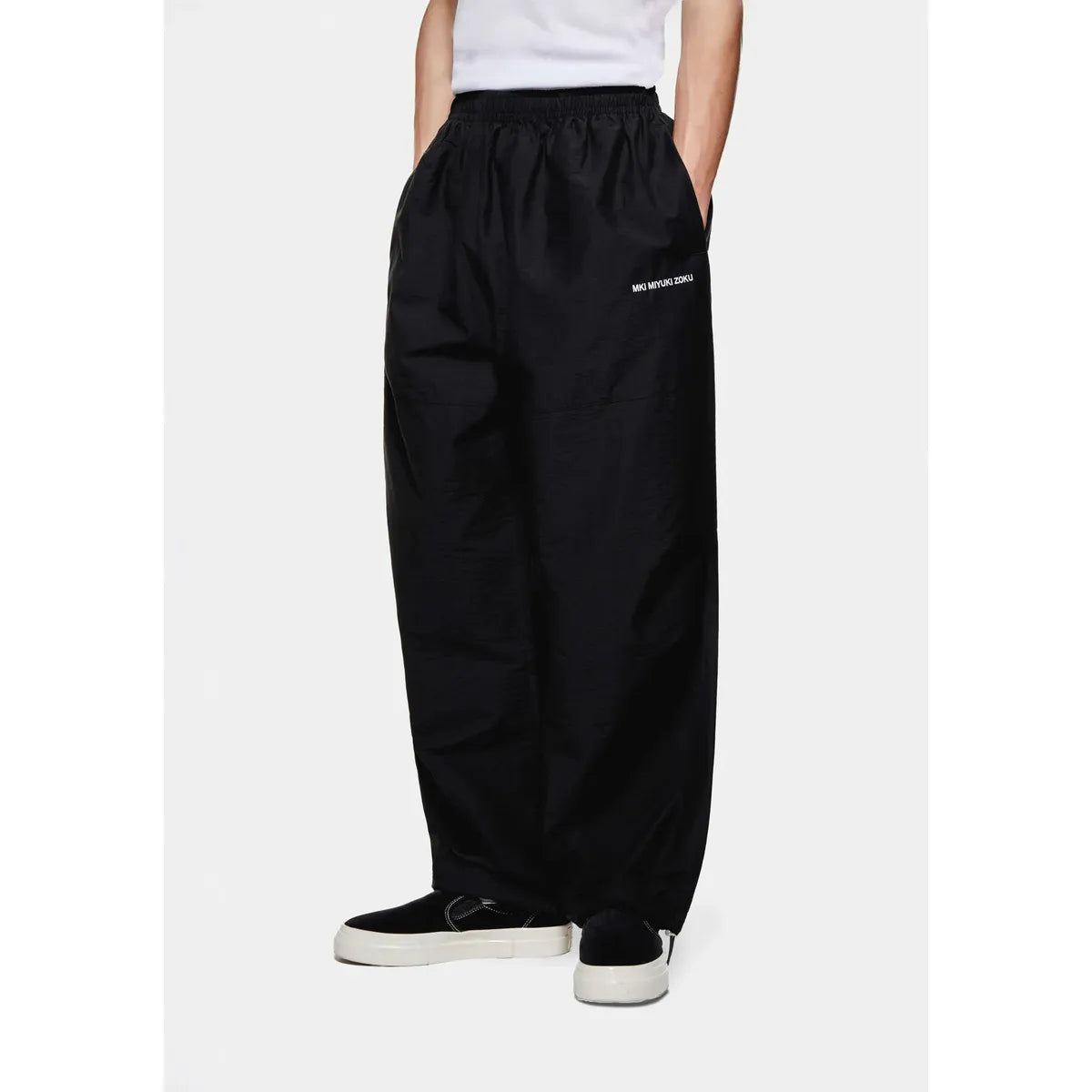 MKI BLACK WASHED COTTON NYLON PARACHUTE PANTS