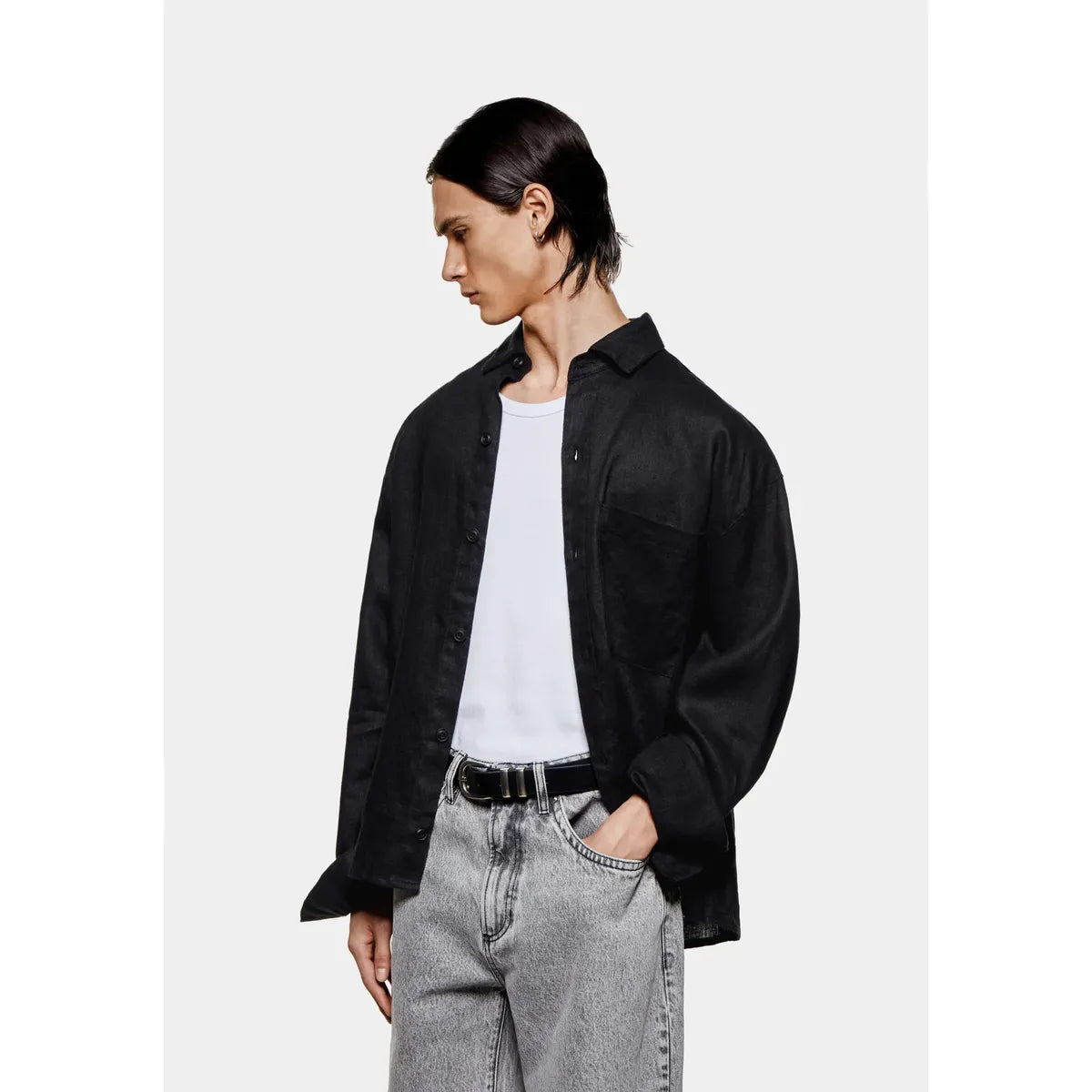 MKI BLACK LINEN BOX DRESS SHIRT