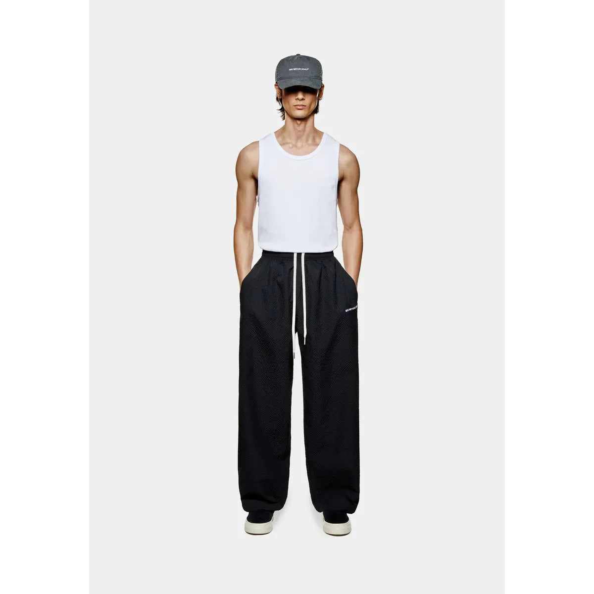 MKI BLACK SEERSUCKER WIDE LEG TROUSERS