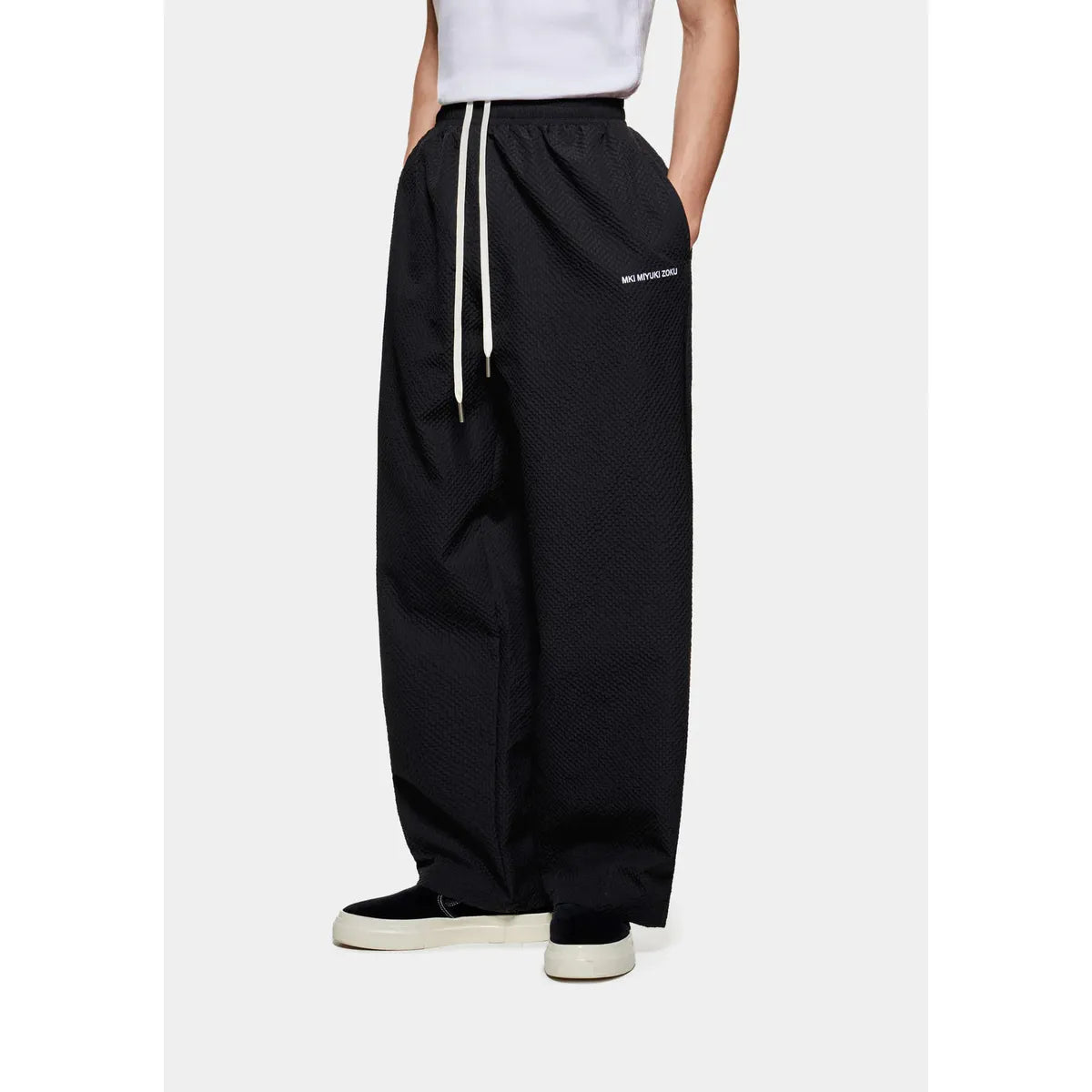 MKI BLACK SEERSUCKER WIDE LEG TROUSERS