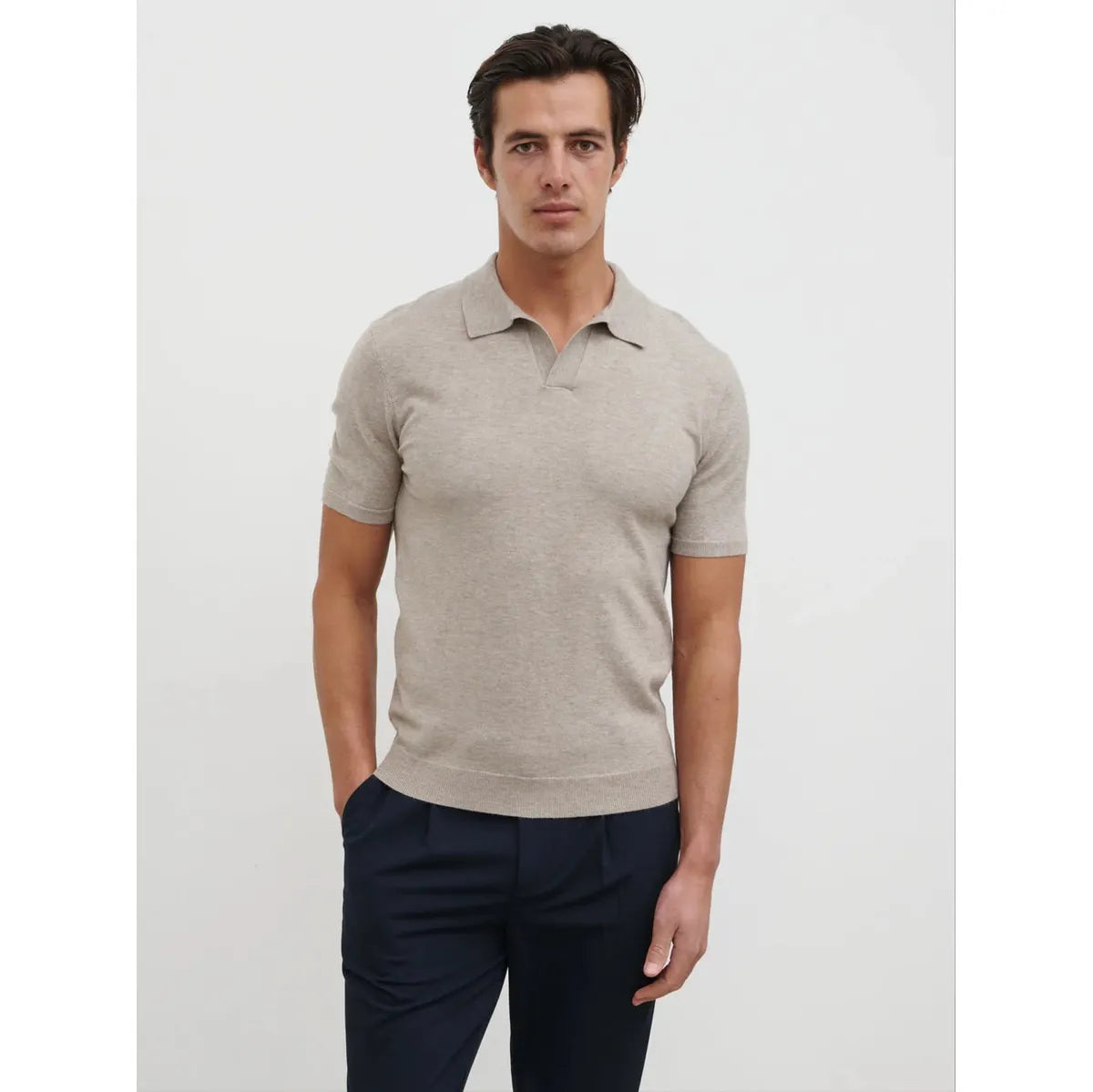 NOBL Matthew Open Collar Lightweight Knit Polo Mushroom