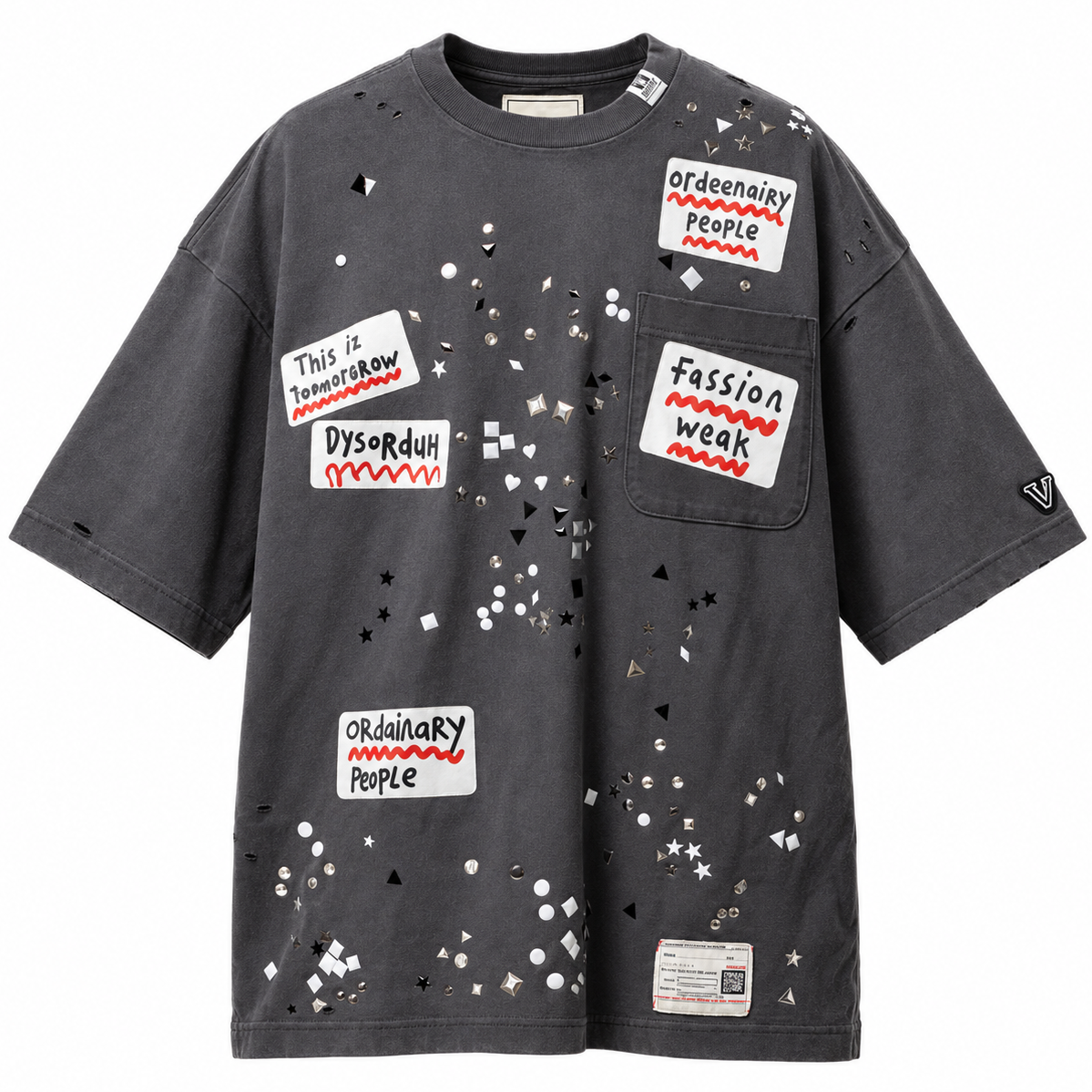 Maison Mihara Embellished Sticker Black T-shirt