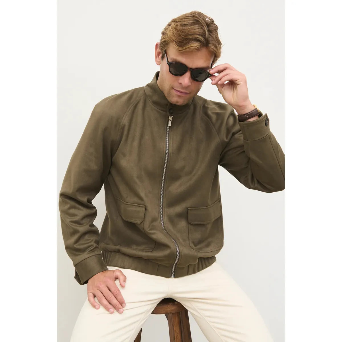 NOBL Rayne Suede Funnel Neck Jacket Dark Olive